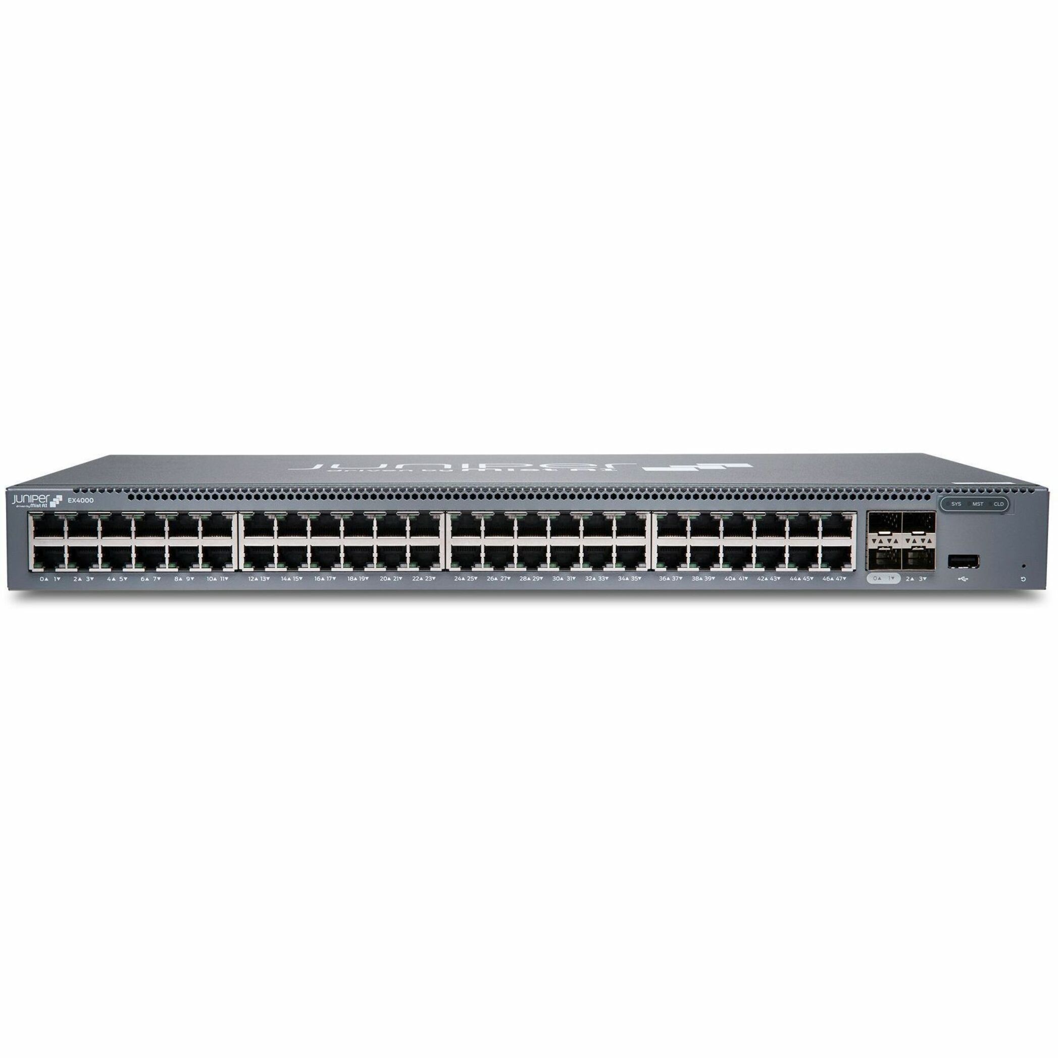 Juniper EX4000-48T Ethernet Switch - 48 Ports - Manageable - Gigabit Ethernet, 10 Gigabit Ethernet - 1000Base-T, 10GBase-X - 4 Layer Supported - Modular - 63 W Power Consumption - Twisted Pair, Optical Fiber - Compact, Rack-mountable - Lifetime Limited Warranty
