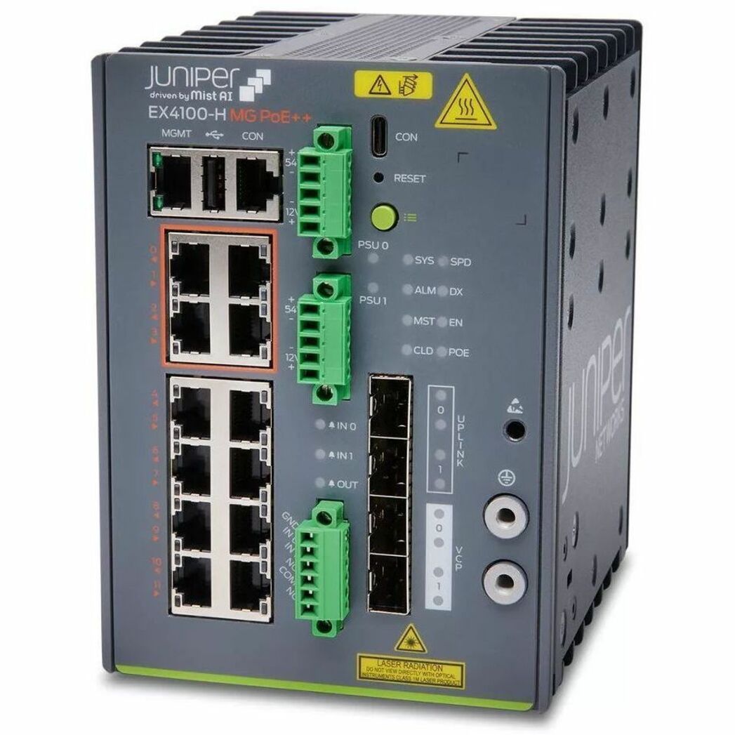 Juniper EX4100-H-12MP Ethernet Switch - 12 Ports - Manageable - 2.5 Gigabit Ethernet, 10 Gigabit Ethernet - 10/100/1000Base-T, 2.5GBase-T, 10GBase-X - 3 Layer Supported - Modular - 360 W PoE Budget - Twisted Pair, Optical Fiber - PoE Ports - Wall Mountable, Rail-mountable, DIN Rail Mountable, Magnetic Mount, Compact, Standalone - Lifetime Limited Warranty - TAA Compliant