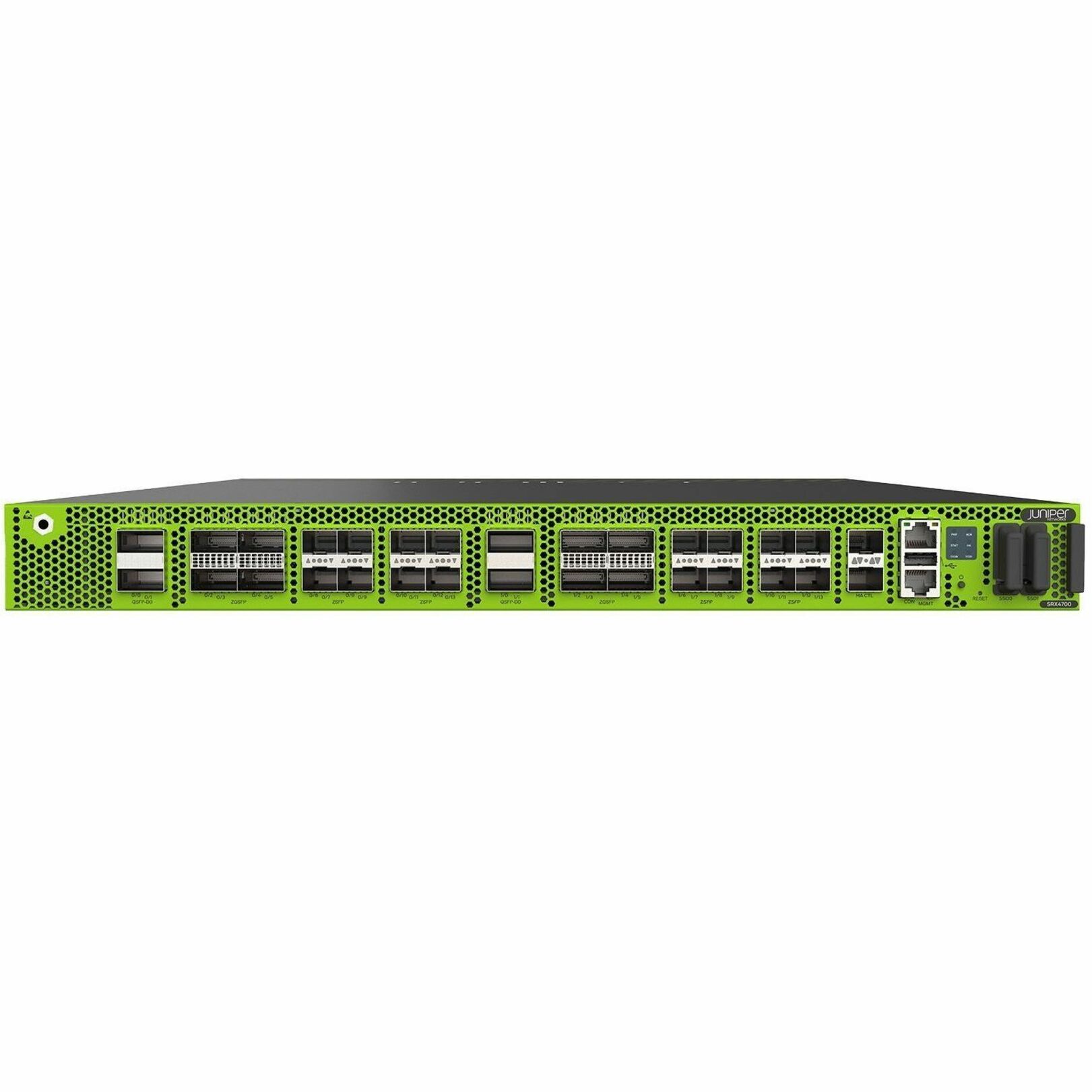 Juniper SRX4700 High Availability Firewall - Intrusion Prevention - 100GBase-X - 400 Gigabit Ethernet - 150 Gbit/s Firewall Throughput - SSL, DES-CBC, AEC-CBC, AES-GCM, MD5, SHA-256, 3DES-CBC, SHA-196 - 7500 VPN - 28 Total Expansion Slots - 1U - Rack-mountable