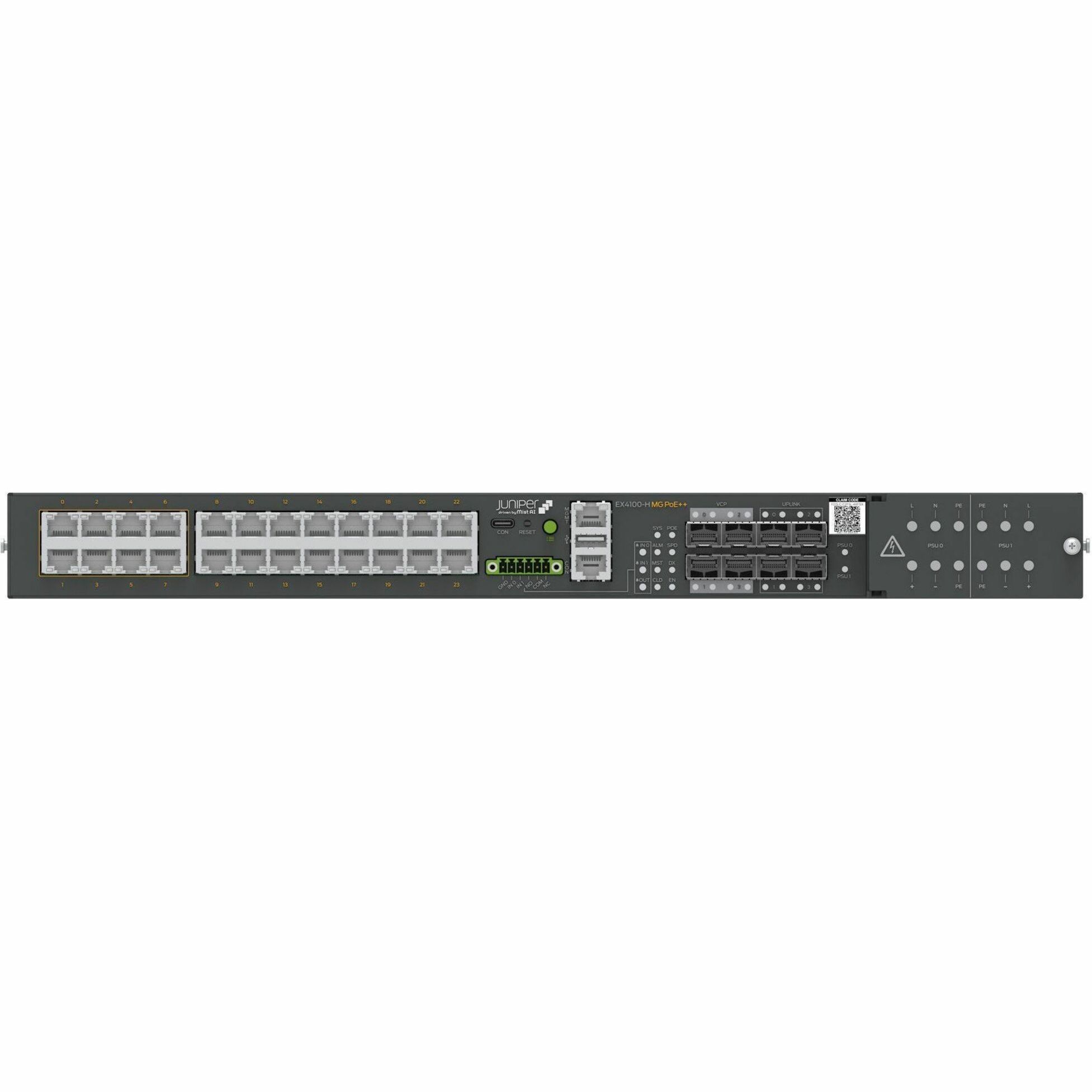 Juniper EX4100-H-24MP Ethernet Switch - 24 Ports - Manageable - Gigabit Ethernet, 2.5 Gigabit Ethernet, 10 Gigabit Ethernet - 1000Base-T, 2.5GBase-T, 10GBase-X - 4 Layer Supported - Modular - 370 W PoE Budget - Twisted Pair, Optical Fiber - PoE Ports - Compact - Lifetime Limited Warranty - TAA Compliant