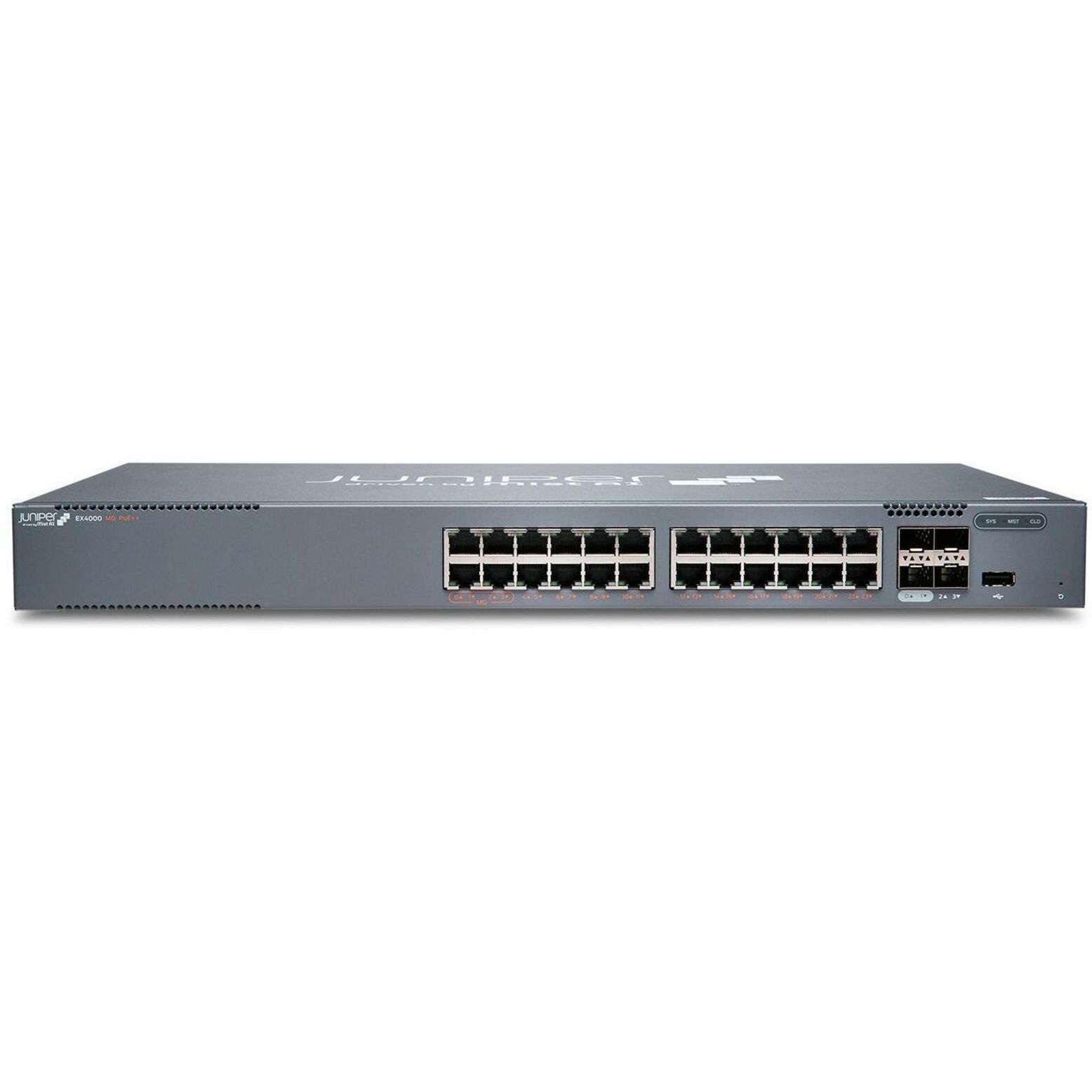 Juniper EX4000-24MP Ethernet Switch - 24 Ports - Manageable - Gigabit Ethernet, 2.5 Gigabit Ethernet, 10 Gigabit Ethernet - 1000Base-T, 2.5GBase-T, 10GBase-X - 4 Layer Supported - 57 W Power Consumption - 480 W PoE Budget - Twisted Pair, Optical Fiber - PoE Ports - Compact, Rack-mountable - Lifetime Limited Warranty - TAA Compliant