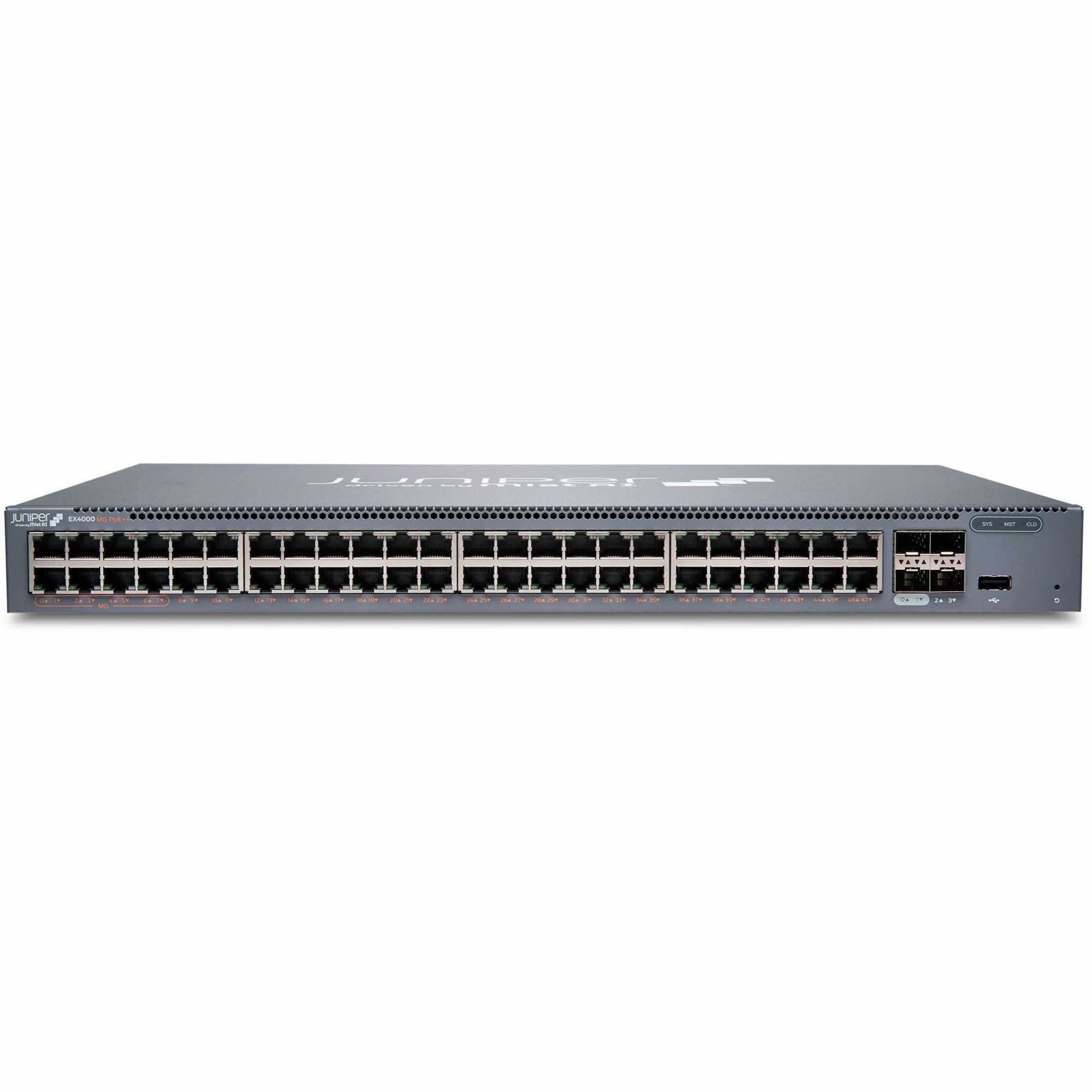 Juniper EX4000-48MP Ethernet Switch - 48 Ports - Manageable - Gigabit Ethernet, 2.5 Gigabit Ethernet, 10 Gigabit Ethernet - 1000Base-T, 2.5GBase-T, 10GBase-X - 4 Layer Supported - 92 W Power Consumption - 960 W PoE Budget - Twisted Pair, Optical Fiber - PoE Ports - Compact, Rack-mountable - Lifetime Limited Warranty - TAA Compliant