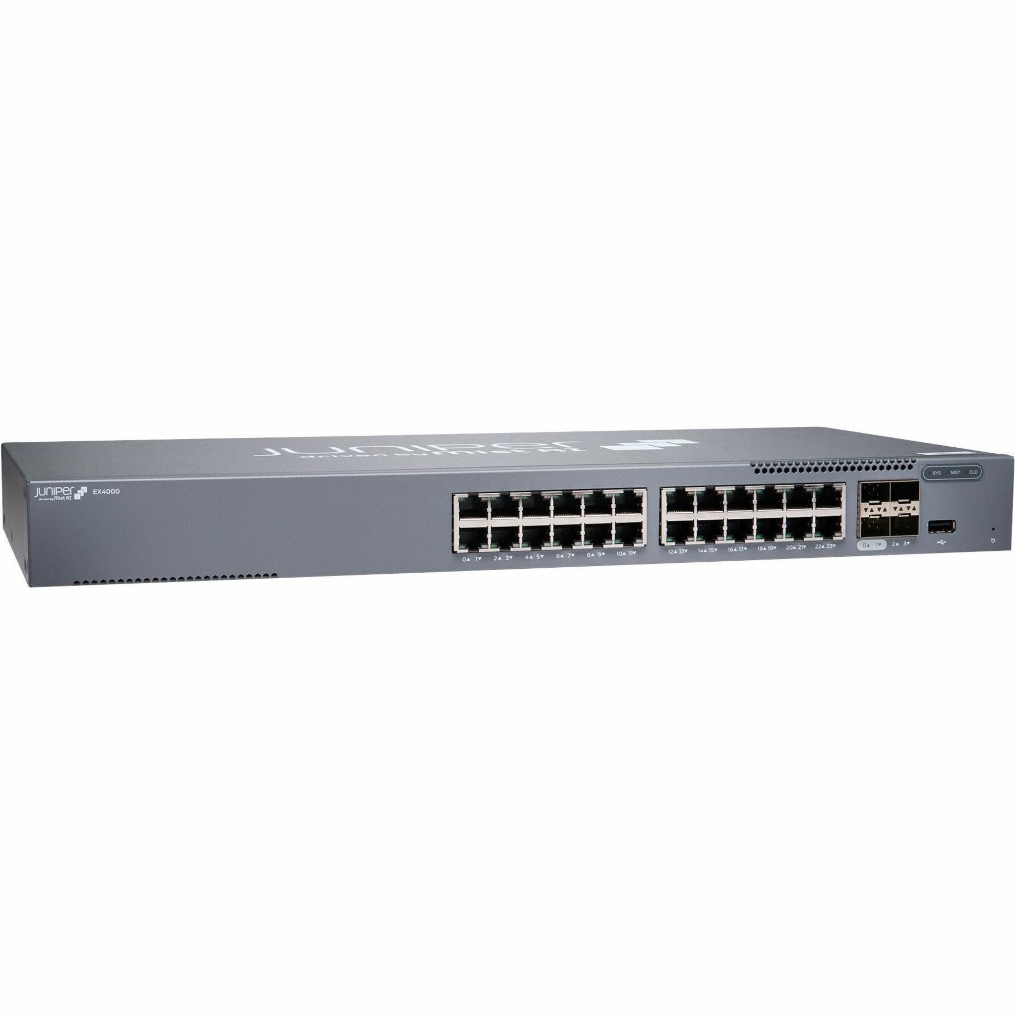 Juniper EX4000-24T Ethernet Switch - 24 Ports - Manageable - Gigabit Ethernet, 10 Gigabit Ethernet - 1000Base-T, 10GBase-X - 4 Layer Supported - 43 W Power Consumption - Twisted Pair, Optical Fiber - Compact, Rack-mountable - Lifetime Limited Warranty - TAA Compliant