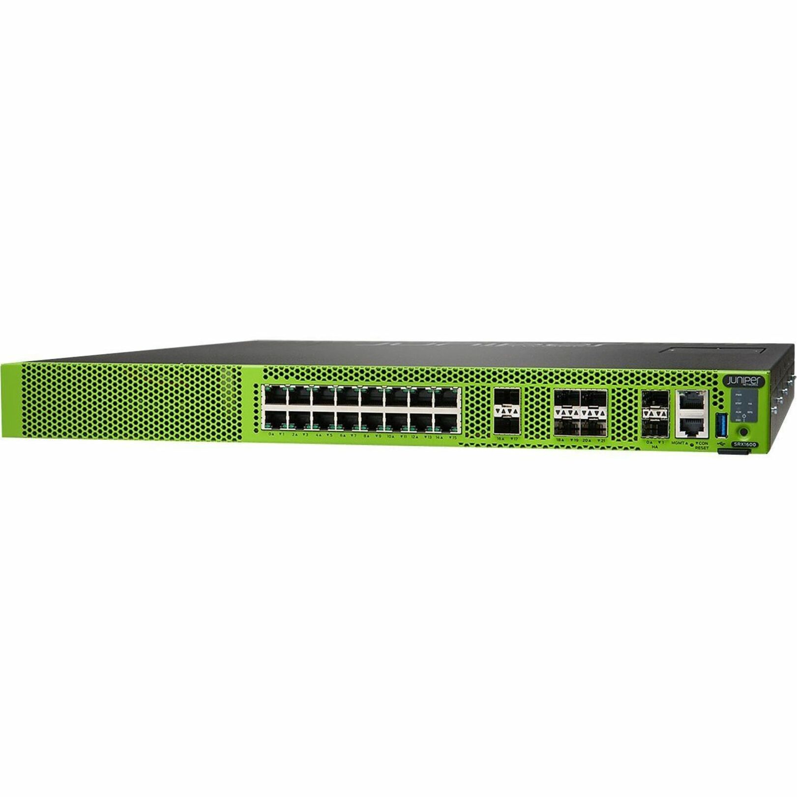 Juniper SRX1600 High Availability Firewall - Centralized Management - 16 Port - 10/100/1000Base-T - 10 Gigabit Ethernet, Gigabit Ethernet, 25 Gigabit Ethernet, Fast Ethernet - 24 Gbit/s Firewall Throughput - 3DES-CBC, AEC-CBC, AES-GCM, DES-CBC, SSL - 16 x RJ-45 - 6 Total Expansion Slots - 1 Year - 1U - Rack-mountable, Compact - TAA Compliant