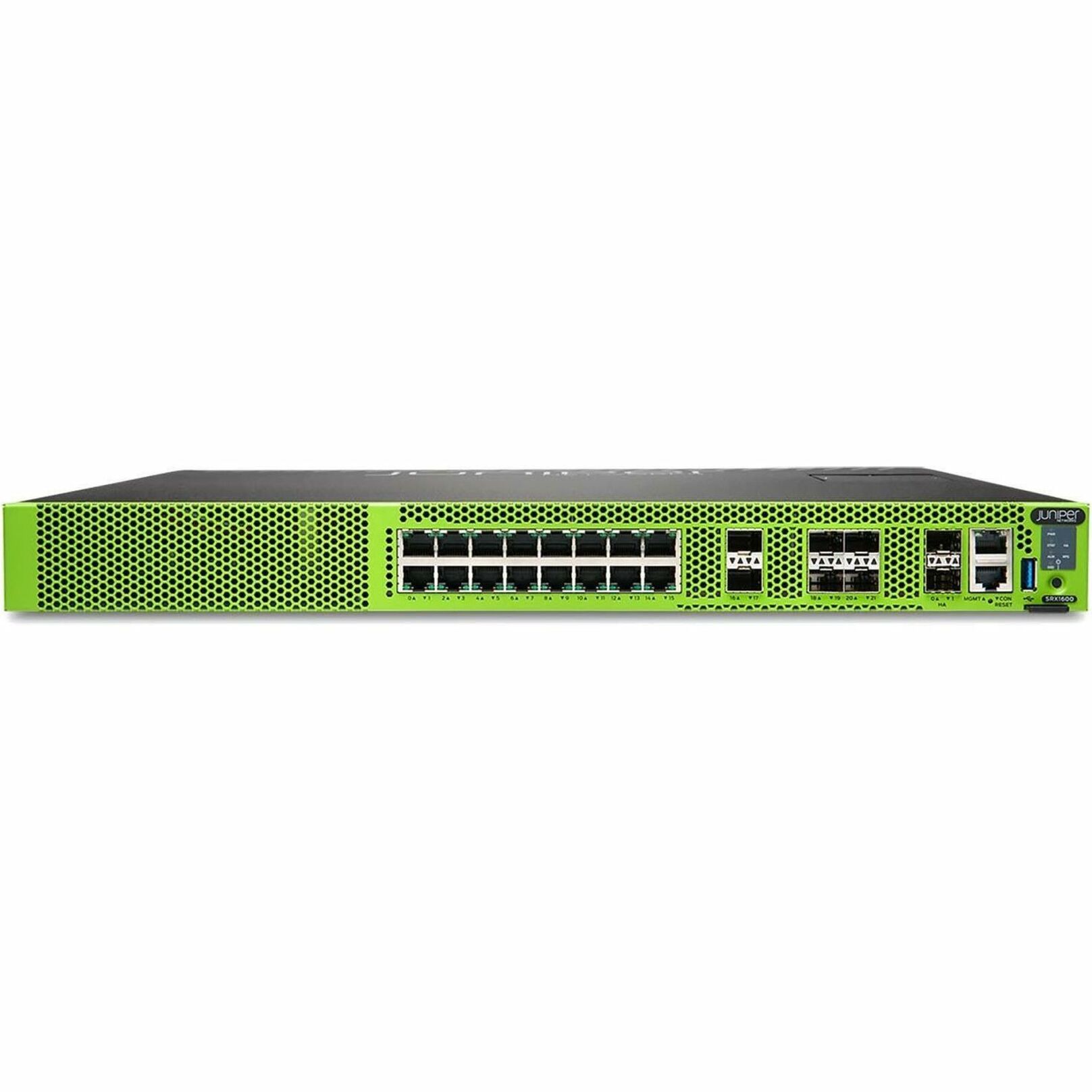 Juniper SRX1600 High Availability Firewall - Centralized Management - 16 Port - 10/100/1000Base-T - 10 Gigabit Ethernet, Gigabit Ethernet, 25 Gigabit Ethernet, Fast Ethernet - 24 Gbit/s Firewall Throughput - 3DES-CBC, AEC-CBC, AES-GCM, DES-CBC, SSL - 16 x RJ-45 - 6 Total Expansion Slots - 3 Year - 1U - Rack-mountable, Compact - TAA Compliant