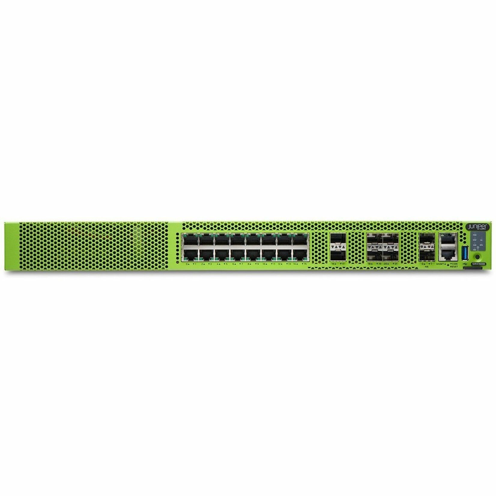 Juniper SRX1600 High Availability Firewall - Centralized Management - 16 Port - 10/100/1000Base-T - 10 Gigabit Ethernet, Gigabit Ethernet, 25 Gigabit Ethernet, Fast Ethernet - 24 Gbit/s Firewall Throughput - 3DES-CBC, AEC-CBC, AES-GCM, DES-CBC, SSL - 16 x RJ-45 - 6 Total Expansion Slots - 1 Year - 1U - Rack-mountable, Compact - TAA Compliant