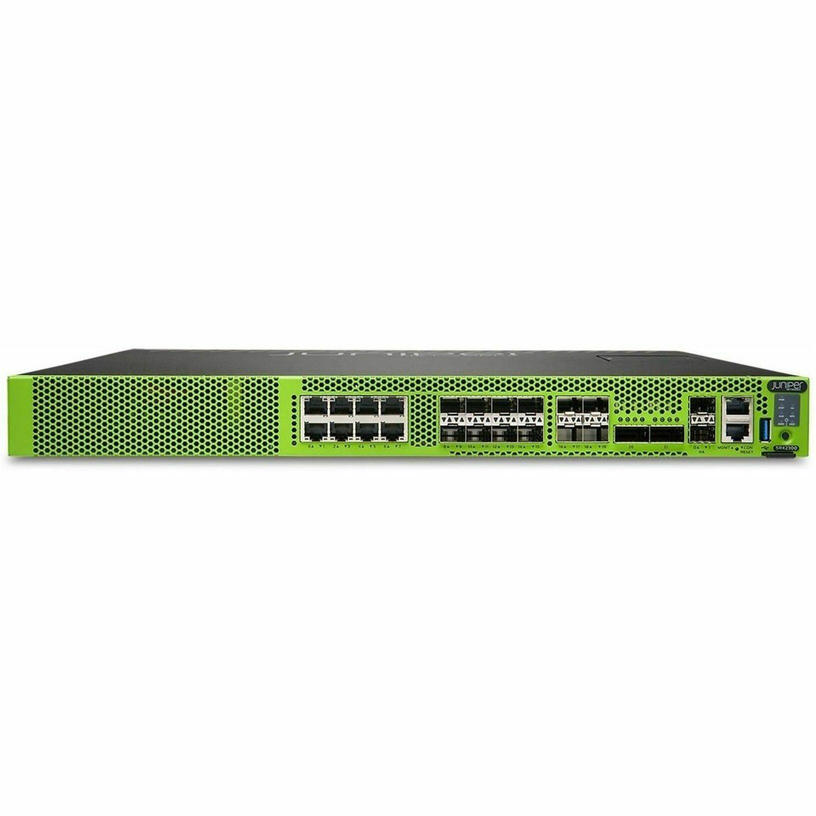 Juniper SRX2300 High Availability Firewall - Centralized Management - 8 Port - 1000Base-T, 2.5GBase-T, 5GBase-T, 10GBase-T - Gigabit Ethernet, 2.5 Gigabit Ethernet, 5 Gigabit Ethernet, 10 Gigabit Ethernet, 25 Gigabit Ethernet, 40 Gigabit Ethernet, 100 Gigabit Ethernet - 39 Gbit/s Firewall Throughput - 3DES-CBC, AEC-CBC, AES-GCM, DES-CBC, SSL - 8 x RJ-45 - 14 Total Expansion Slots - 1 Year - 1U - Rack-mountable, Compact - TAA Compliant