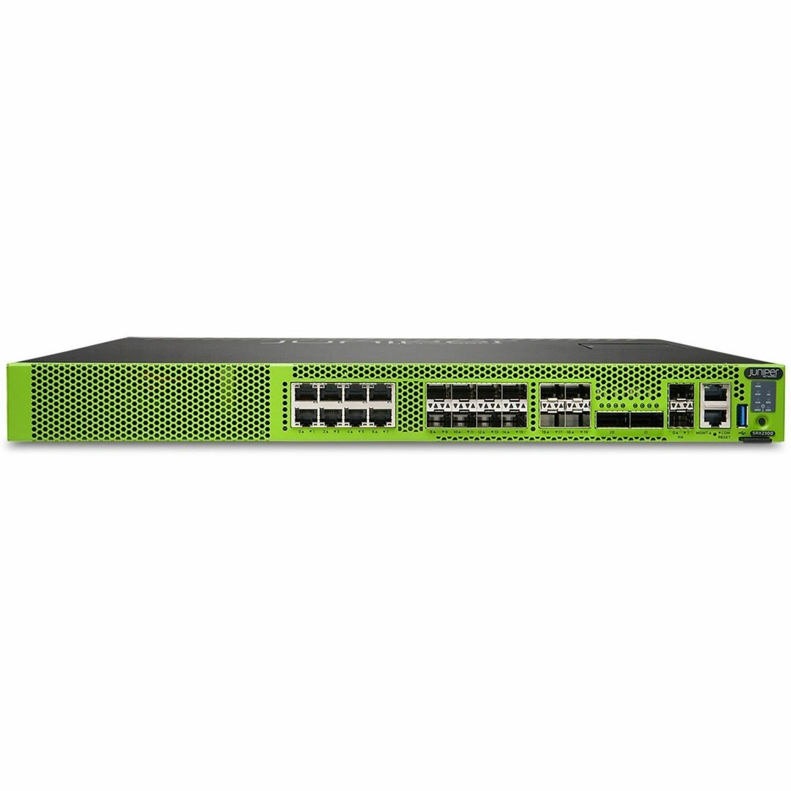 Juniper SRX2300 High Availability Firewall - Centralized Management - 8 Port - 1000Base-T, 2.5GBase-T, 5GBase-T, 10GBase-T - Gigabit Ethernet, 2.5 Gigabit Ethernet, 5 Gigabit Ethernet, 10 Gigabit Ethernet, 25 Gigabit Ethernet, 40 Gigabit Ethernet, 100 Gigabit Ethernet - 39 Gbit/s Firewall Throughput - 3DES-CBC, AEC-CBC, AES-GCM, DES-CBC, SSL - 8 x RJ-45 - 14 Total Expansion Slots - 3 Year - 1U - Rack-mountable, Compact - TAA Compliant