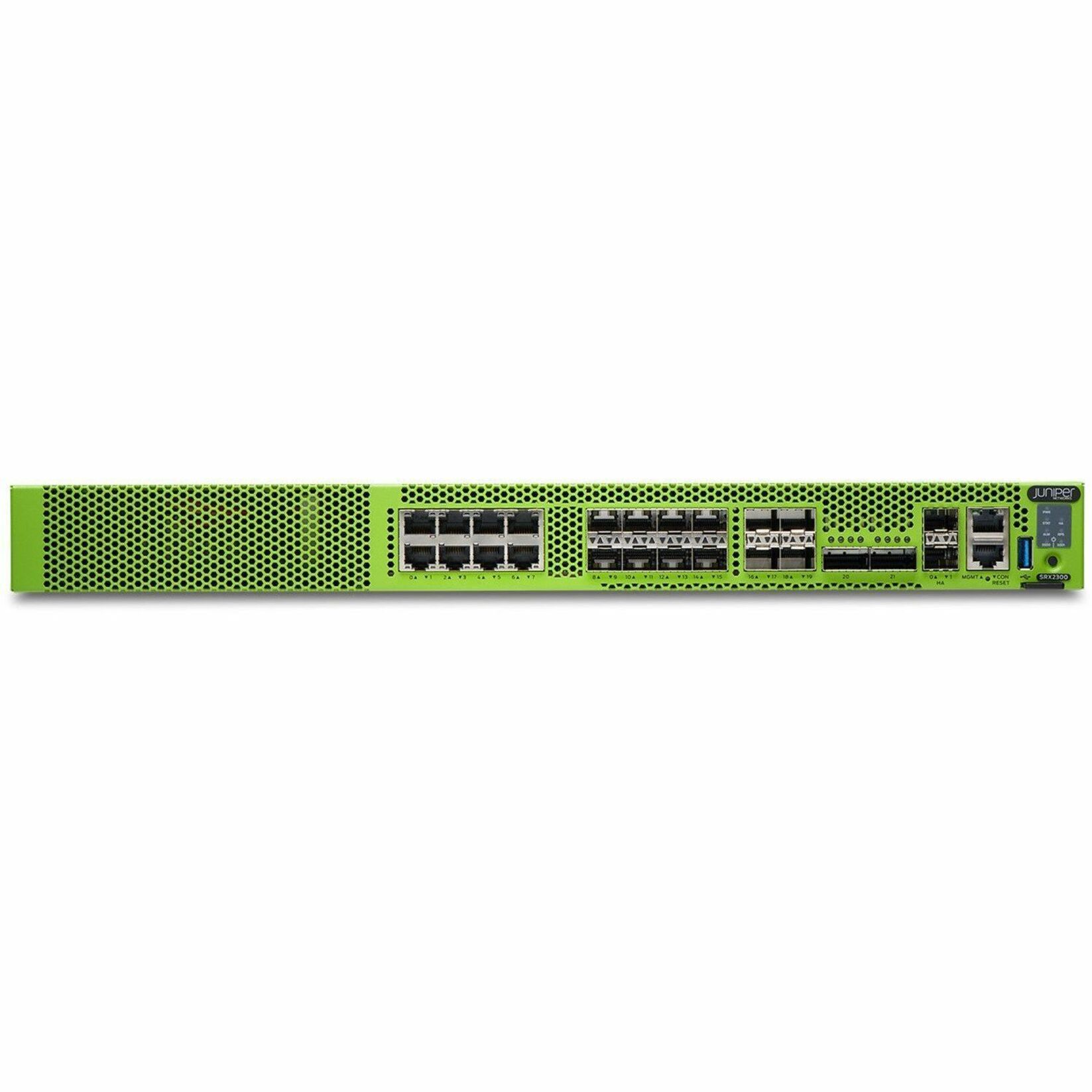 Juniper SRX2300 High Availability Firewall - Centralized Management - 8 Port - 1000Base-T, 2.5GBase-T, 5GBase-T, 10GBase-T - Gigabit Ethernet, 2.5 Gigabit Ethernet, 5 Gigabit Ethernet, 10 Gigabit Ethernet, 25 Gigabit Ethernet, 40 Gigabit Ethernet, 100 Gigabit Ethernet - 39 Gbit/s Firewall Throughput - 3DES-CBC, AEC-CBC, AES-GCM, DES-CBC, SSL - 8 x RJ-45 - 14 Total Expansion Slots - 1 Year - 1U - Rack-mountable, Compact - TAA Compliant