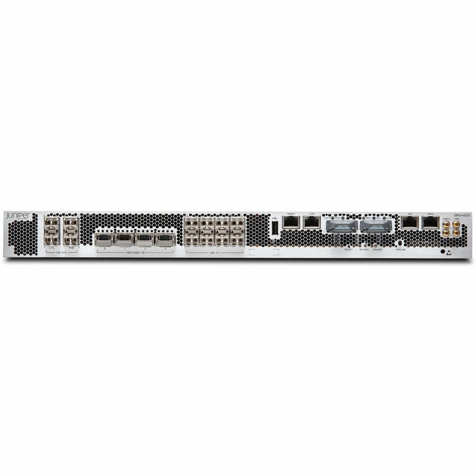 Juniper SRX4600 High Availability Firewall - Intrusion Prevention - Gigabit Ethernet, 10 Gigabit Ethernet, 40 Gigabit Ethernet, 100 Gigabit Ethernet - 400 Gbit/s Firewall Throughput - 3DES-CBC, AEC-CBC, AES-GCM, DES-CBC, SSL, MD5, SHA-1, SHA-128, SHA-384, SHA-256 - 7500 VPN - 28 Total Expansion Slots - 5 Year - 1U - Rack-mountable - TAA Compliant