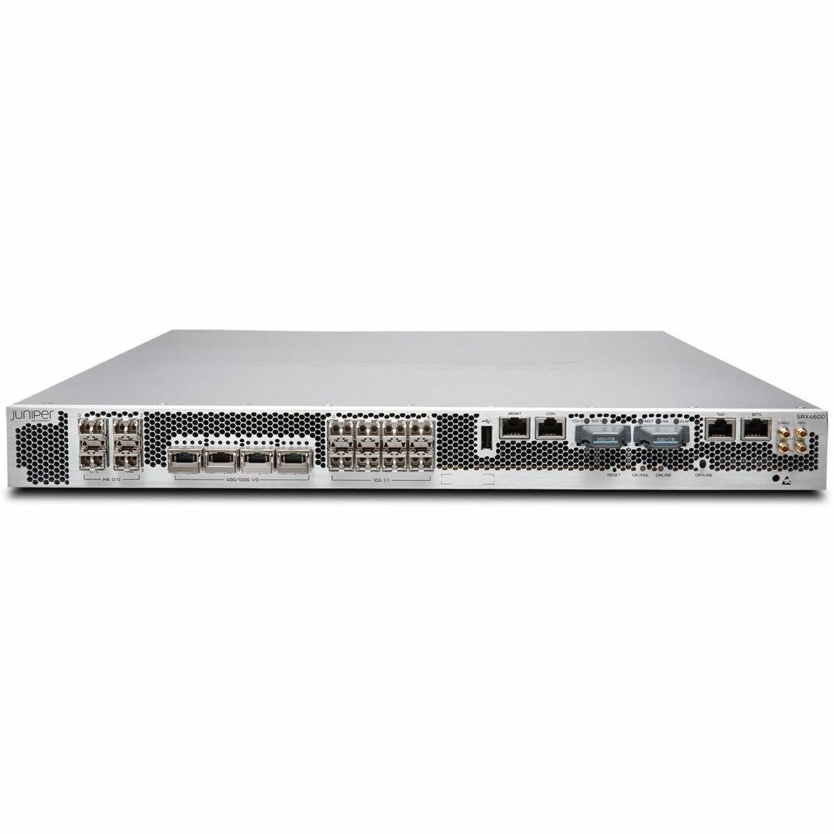 Juniper SRX4600 High Availability Firewall - Intrusion Prevention - Gigabit Ethernet, 10 Gigabit Ethernet, 40 Gigabit Ethernet, 100 Gigabit Ethernet - 400 Gbit/s Firewall Throughput - 3DES-CBC, AEC-CBC, AES-GCM, DES-CBC, SSL, MD5, SHA-1, SHA-128, SHA-384, SHA-256 - 7500 VPN - 28 Total Expansion Slots - 1 Year - 1U - Rack-mountable - TAA Compliant