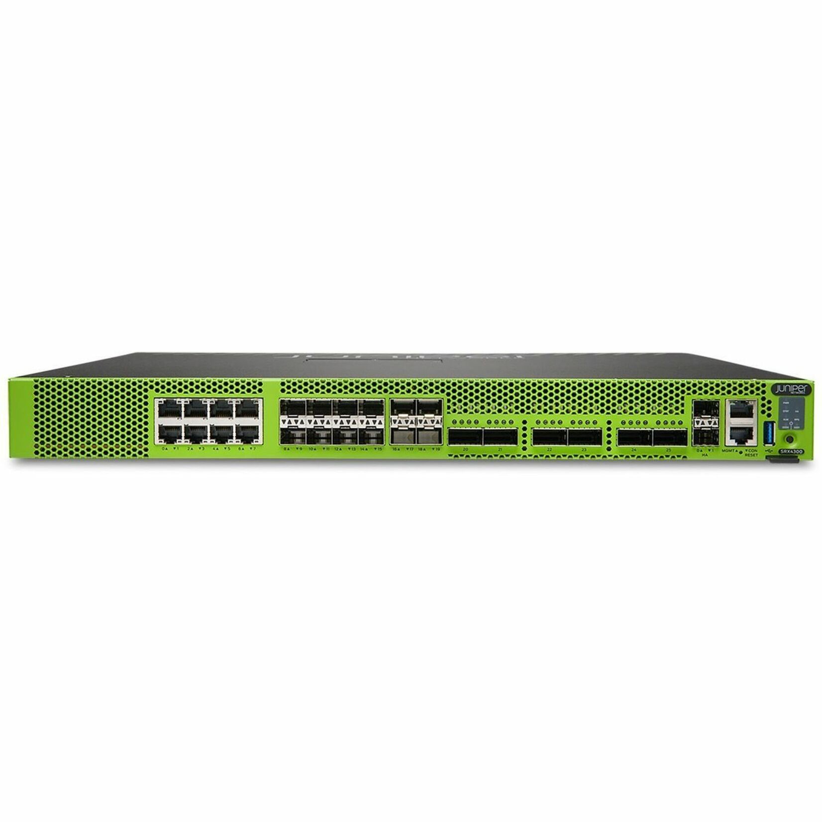 Juniper SRX4300 High Availability Firewall - Intrusion Prevention - 8 Port - 1000Base-T, 2.5GBase-T, 5GBase-T, 10GBase-T - Gigabit Ethernet, 2.5 Gigabit Ethernet, 5 Gigabit Ethernet, 10 Gigabit Ethernet, 25 Gigabit Ethernet, 40 Gigabit Ethernet, 100 Gigabit Ethernet - 98 Gbit/s Firewall Throughput - 3DES-CBC, AEC-CBC, AES-GCM, DES-CBC, SSL - 8 x RJ-45 - 18 Total Expansion Slots - 3 Year - 1U - Rack-mountable, Compact - TAA Compliant