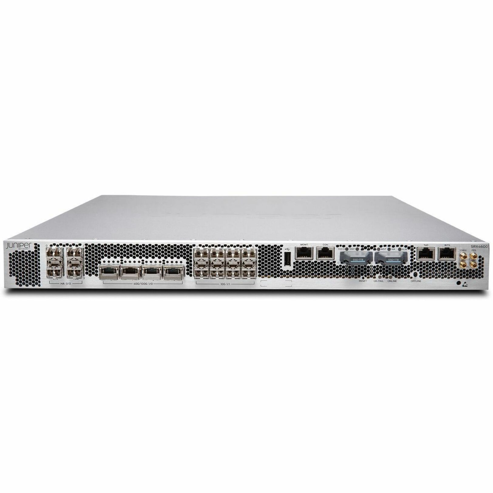 Juniper SRX4600 High Availability Firewall - Intrusion Prevention - Gigabit Ethernet, 10 Gigabit Ethernet, 40 Gigabit Ethernet, 100 Gigabit Ethernet - 400 Gbit/s Firewall Throughput - 3DES-CBC, AEC-CBC, AES-GCM, DES-CBC, SSL, MD5, SHA-1, SHA-128, SHA-384, SHA-256 - 7500 VPN - 28 Total Expansion Slots - 3 Year - 1U - Rack-mountable - TAA Compliant