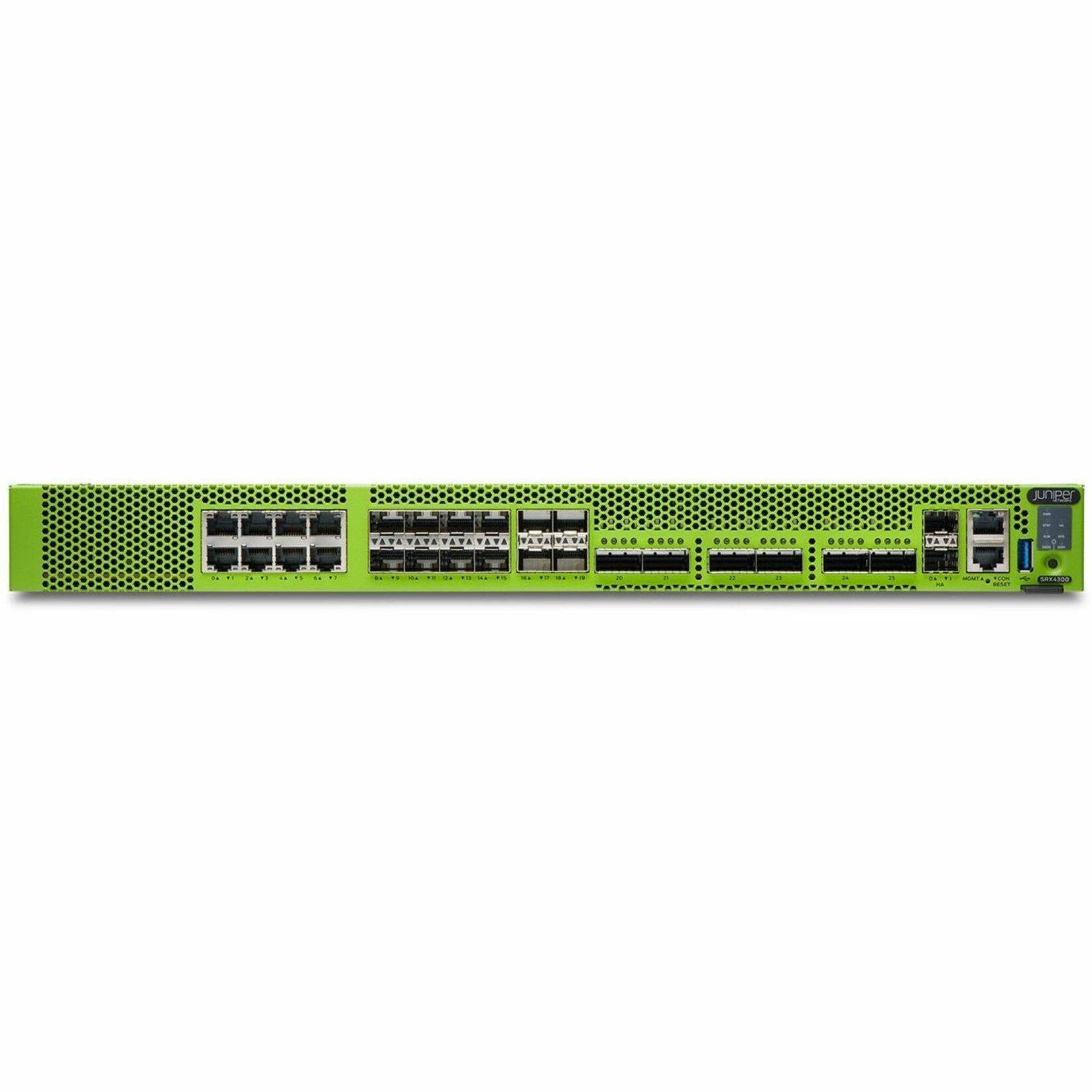 Juniper SRX4300 High Availability Firewall - Centralized Management - 8 Port - 1000Base-T, 2.5GBase-T, 5GBase-T, 10GBase-T - Gigabit Ethernet, 2.5 Gigabit Ethernet, 5 Gigabit Ethernet, 10 Gigabit Ethernet, 25 Gigabit Ethernet, 40 Gigabit Ethernet, 100 Gigabit Ethernet - 98 Gbit/s Firewall Throughput - 3DES-CBC, AEC-CBC, AES-GCM, DES-CBC, SSL - 8 x RJ-45 - 18 Total Expansion Slots - 1 Year - 1U - Rack-mountable, Compact - TAA Compliant
