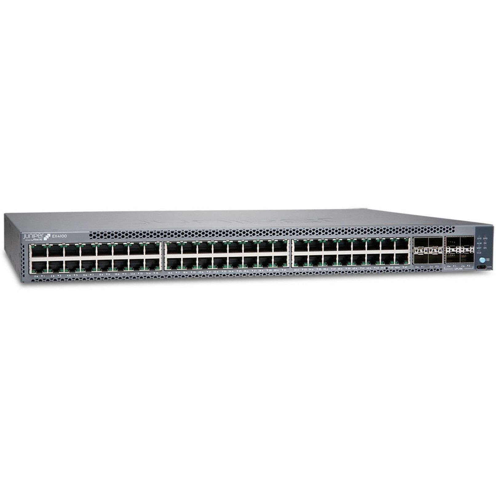 Juniper EX4100-48T Ethernet Switch - 48 Ports - Manageable - 10 Gigabit Ethernet, Gigabit Ethernet, 25 Gigabit Ethernet - 10/100/1000Base-T, 10GBase-X, 25GBase-X - 3 Layer Supported - Modular - Optical Fiber, Twisted Pair - 1U - Rack-mountable, Wall Mountable - Lifetime Limited Warranty - TAA Compliant