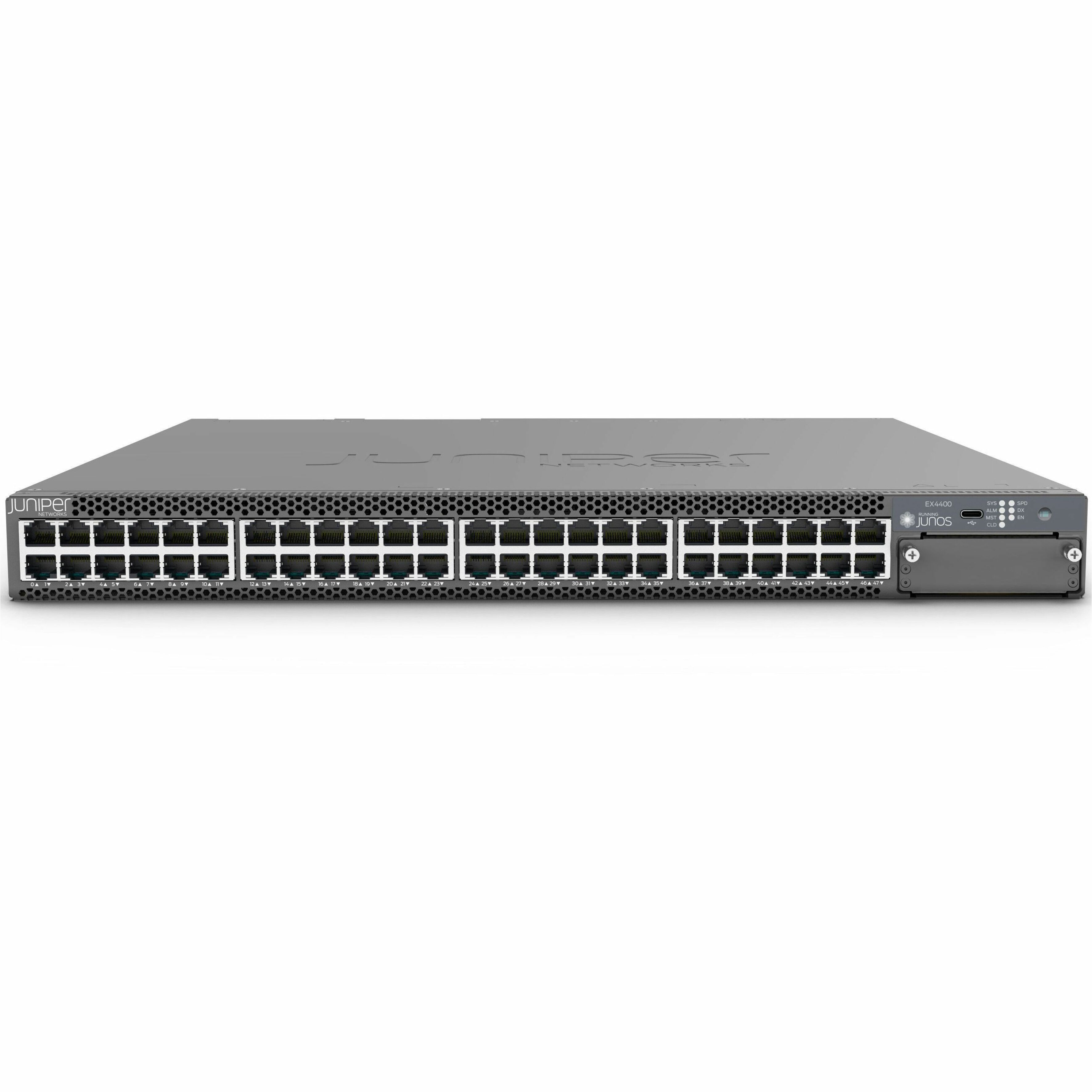Juniper EX4400-48T Switch Chassis - 48 Ports - Manageable - Gigabit Ethernet, 25 Gigabit Ethernet, 100 Gigabit Ethernet - 10/100/1000Base-T, 25GBase-X, 100GBase-X - 3 Layer Supported - Modular - Twisted Pair, Optical Fiber - 1U - Rack-mountable - 1 Year Limited Warranty