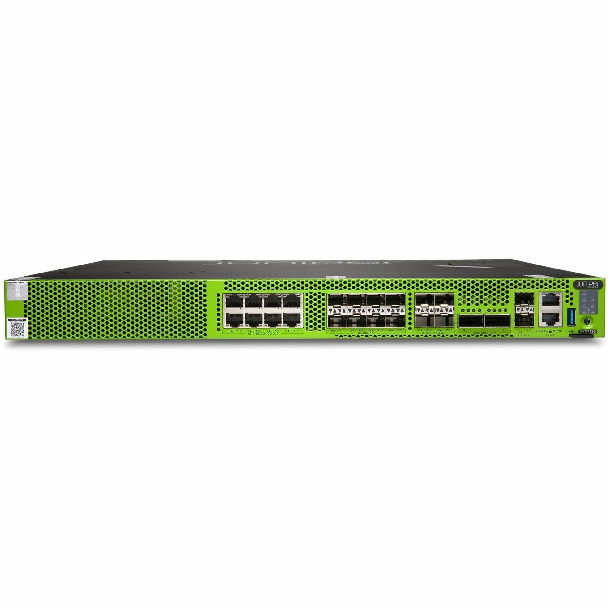 Juniper SRX4120 Firewall Chassis - Application Security - 8 Port - 1000Base-T, 2.5GBase-T, 10GBase-T, 5GBase-T - 100 Gigabit Ethernet - 39 Gbit/s Firewall Throughput - 8 x RJ-45 - 14 Total Expansion Slots - 5 Year - 50 Hz, 60 Hz - 1U - Rack-mountable