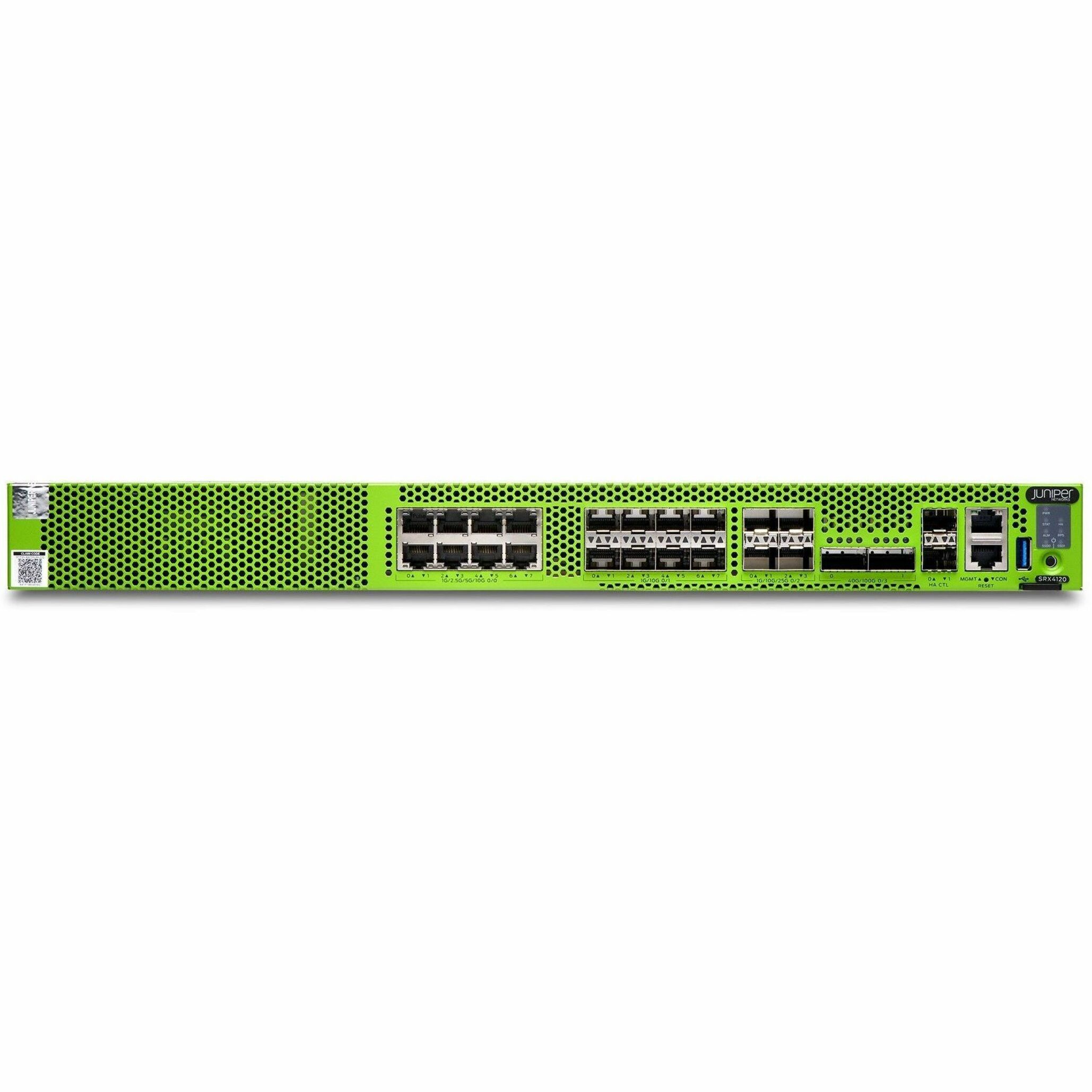 Juniper SRX4120 Firewall Chassis - Application Security - 8 Port - 1000Base-T, 2.5GBase-T, 10GBase-T, 5GBase-T - 100 Gigabit Ethernet - 39 Gbit/s Firewall Throughput - 8 x RJ-45 - 14 Total Expansion Slots - 3 Year - 50 Hz, 60 Hz - 1U - Rack-mountable