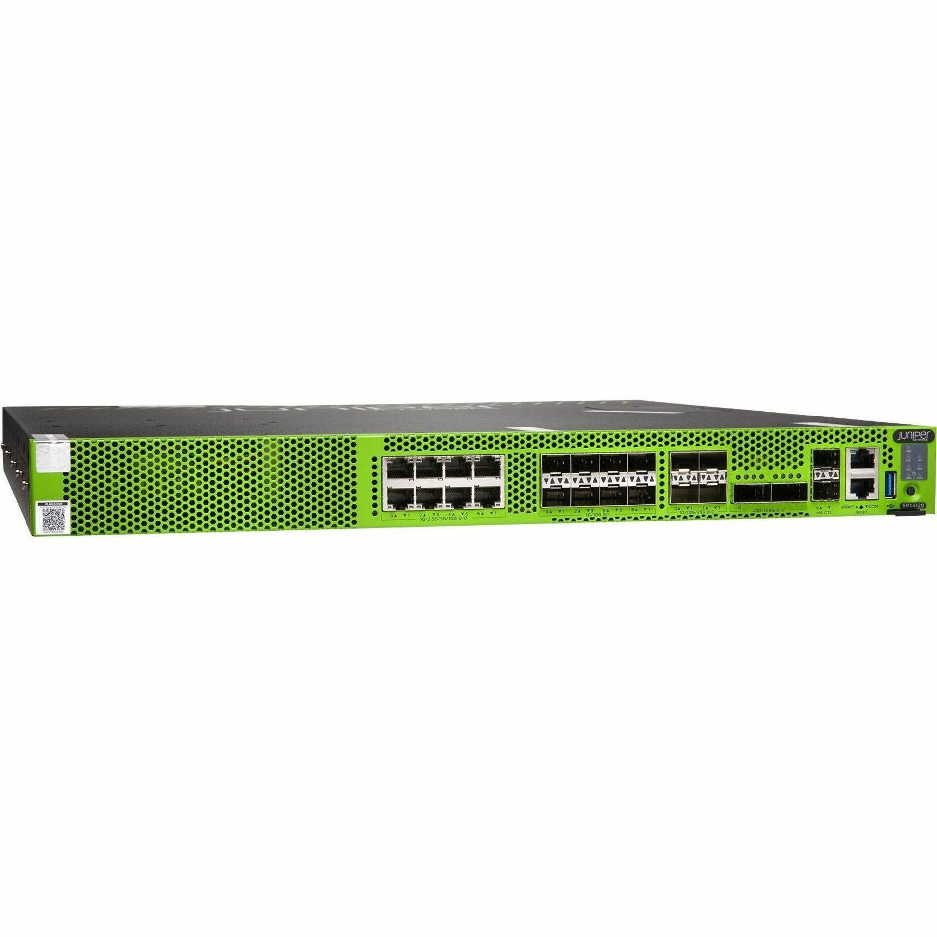 Juniper SRX4120 Firewall Chassis - Application Security - 8 Port - 1000Base-T, 2.5GBase-T, 10GBase-T, 5GBase-T - 100 Gigabit Ethernet - 39 Gbit/s Firewall Throughput - 8 x RJ-45 - 14 Total Expansion Slots - 1 Year - 50 Hz, 60 Hz - 1U - Rack-mountable