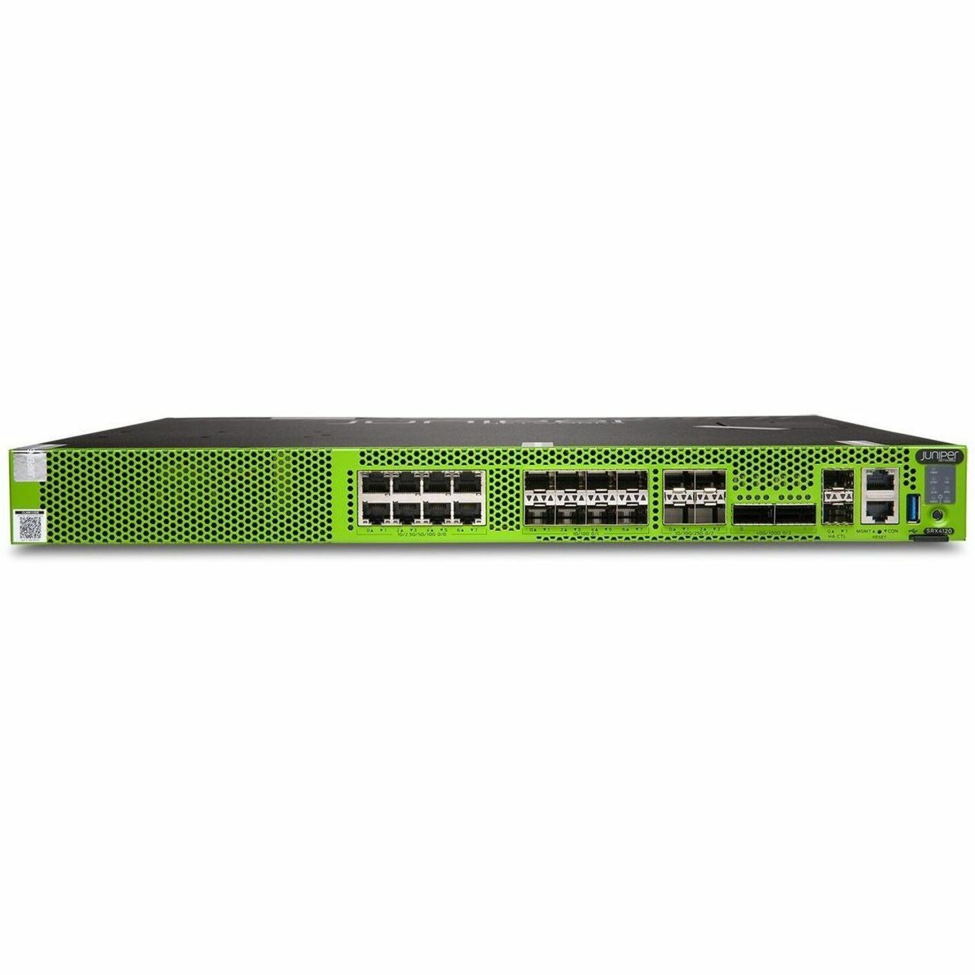 Juniper SRX4120 Firewall Chassis - Application Security - 8 Port - 1000Base-T, 2.5GBase-T, 10GBase-T, 5GBase-T - 100 Gigabit Ethernet - 39 Gbit/s Firewall Throughput - 8 x RJ-45 - 14 Total Expansion Slots - 3 Year - 50 Hz, 60 Hz - 1U - Rack-mountable