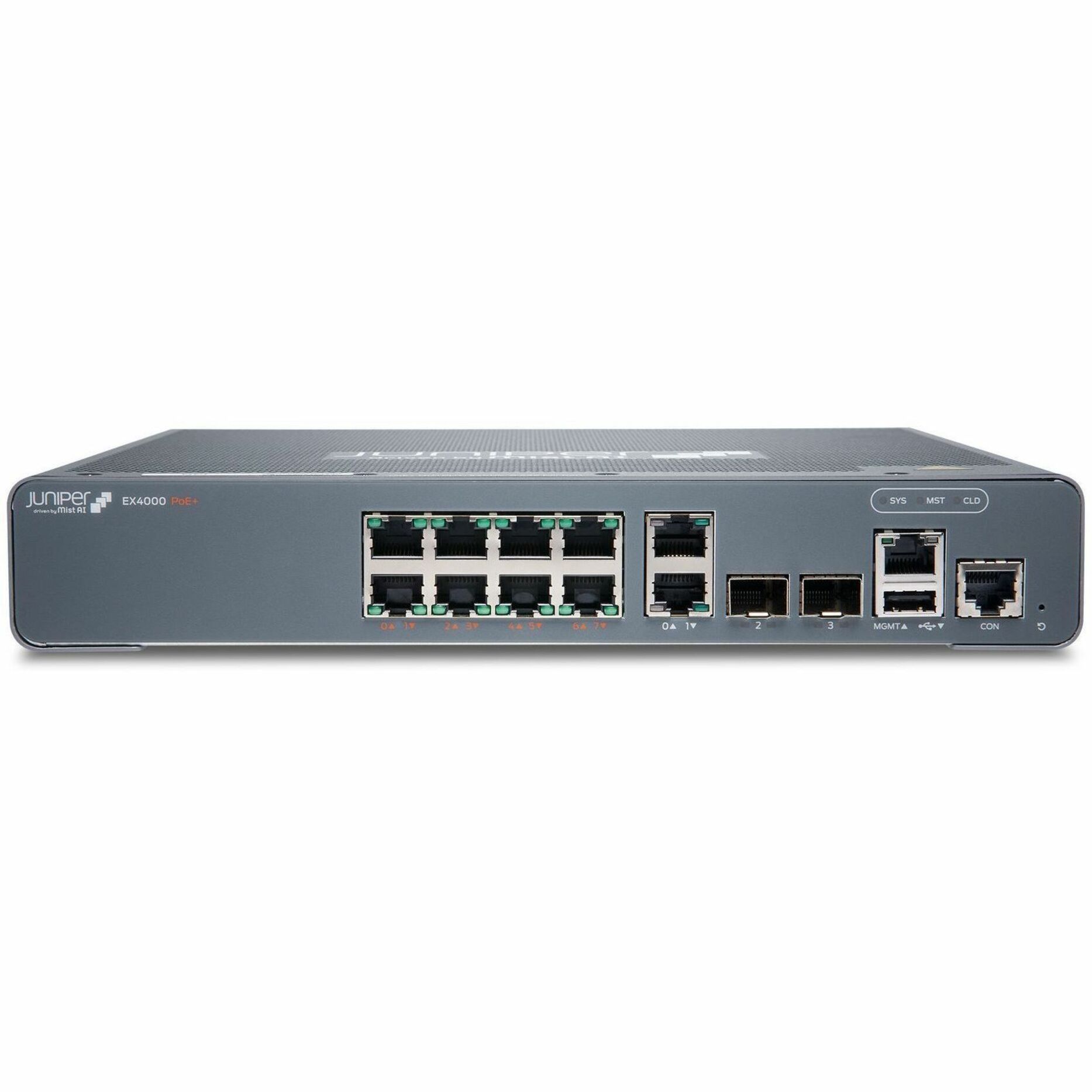 Juniper EX4000-8P Ethernet Switch - 10 Ports - Manageable - Gigabit Ethernet, 10 Gigabit Ethernet - 1000Base-T, 10GBase-X - 3 Layer Supported - 30 W Power Consumption - 120 W PoE Budget - Twisted Pair, Optical Fiber - PoE Ports - Rack-mountable, Wall Mountable, Magnetic Mount, DIN Rail Mountable, Compact - Lifetime Limited Warranty
