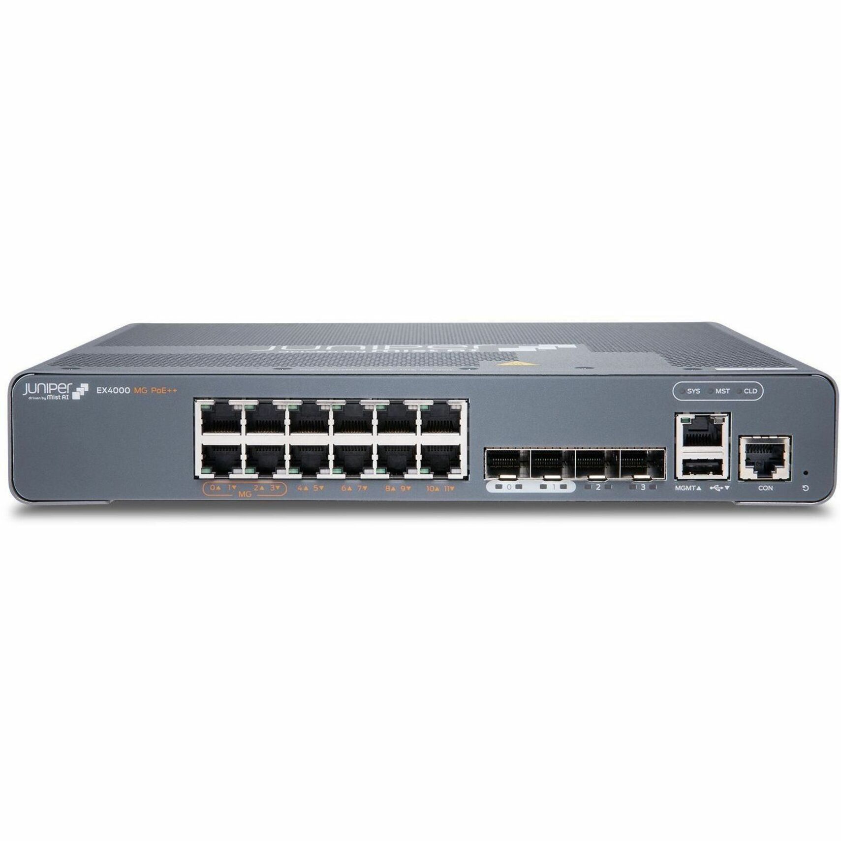 Juniper EX4000-12MP Ethernet Switch - 12 Ports - Manageable - Gigabit Ethernet, 2.5 Gigabit Ethernet, 10 Gigabit Ethernet - 1000Base-T, 2.5GBase-T, 10GBase-X - 3 Layer Supported - 40 W Power Consumption - 240 W PoE Budget - Twisted Pair, Optical Fiber - Rack-mountable, Wall Mountable, Magnetic Mount, DIN Rail Mountable, Compact - Lifetime Limited Warranty