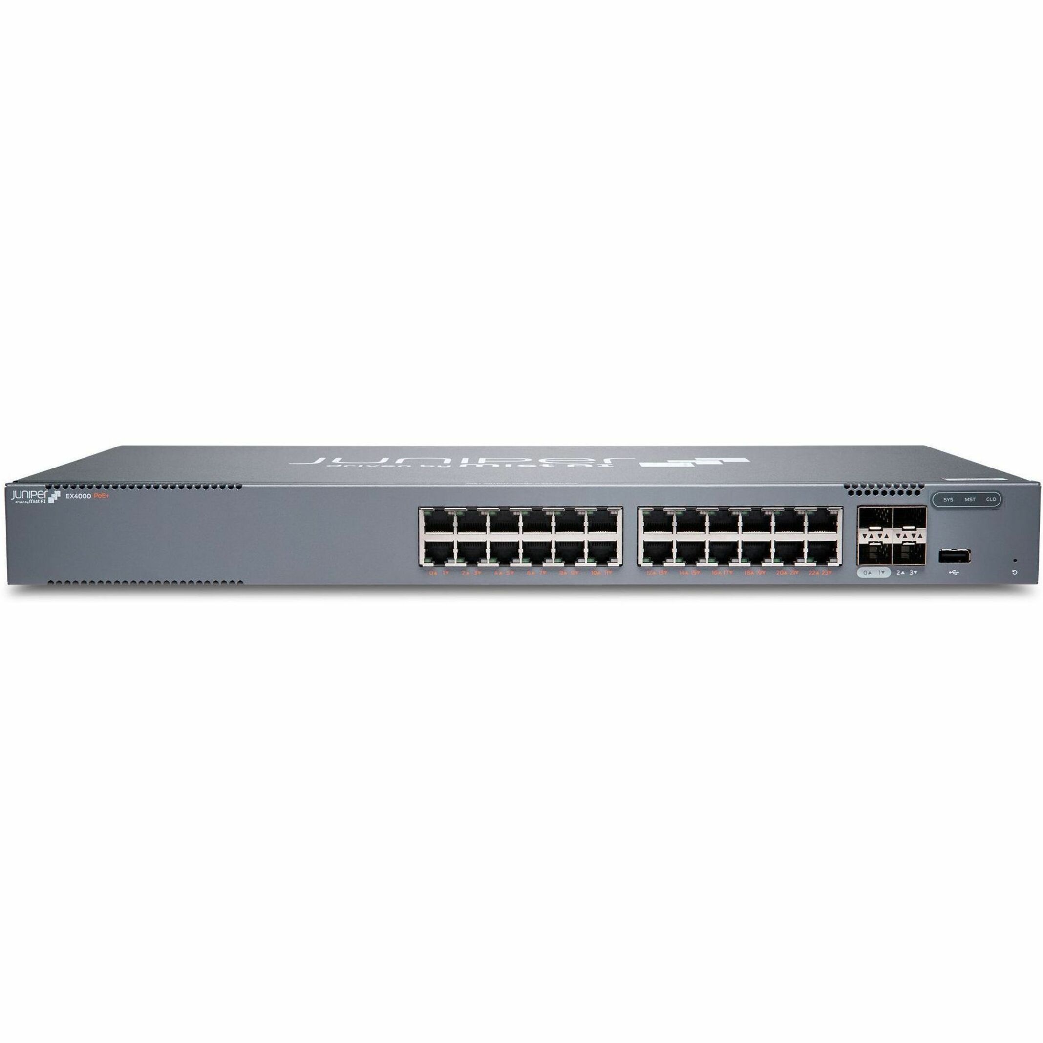 Juniper EX4000-24P Ethernet Switch - 24 Ports - Manageable - Gigabit Ethernet, 10 Gigabit Ethernet - 1000Base-T, 10GBase-X - 3 Layer Supported - 51 W Power Consumption - 370 W PoE Budget - Twisted Pair, Optical Fiber - PoE Ports - Rack-mountable - Lifetime Limited Warranty