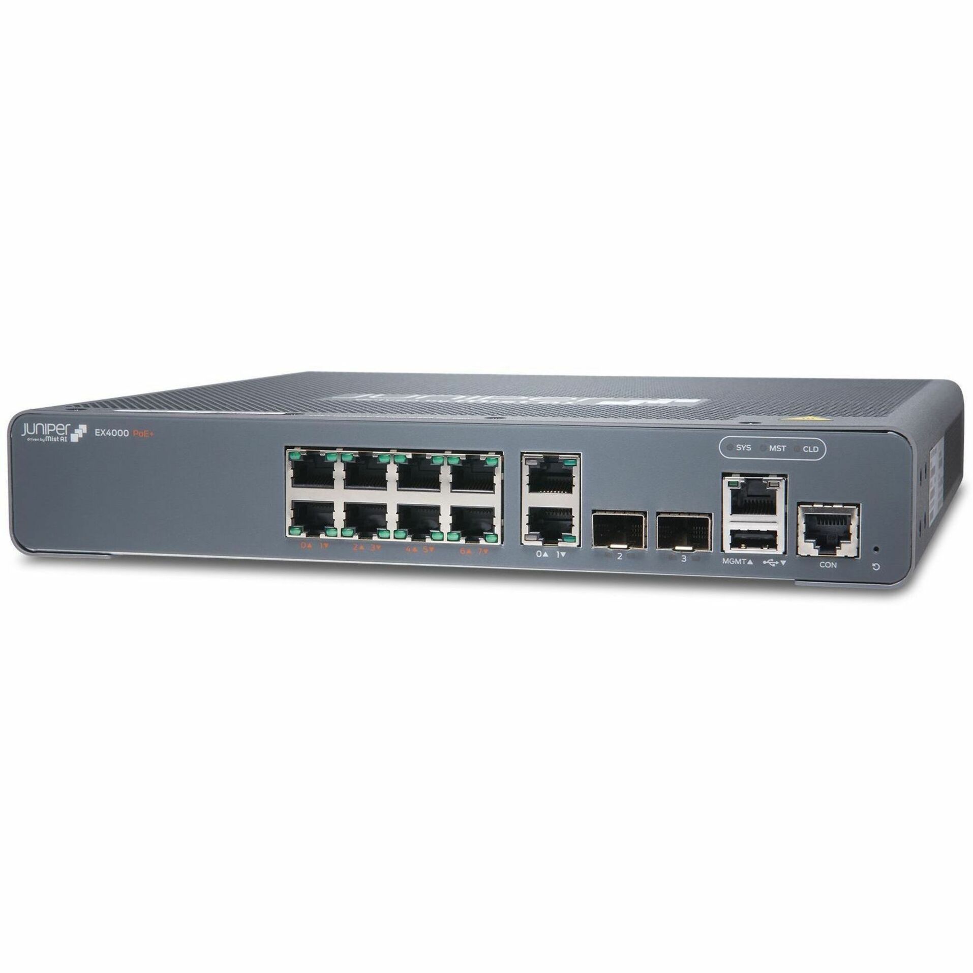 Juniper EX4000-8P Ethernet Switch - 10 Ports - Manageable - Gigabit Ethernet, 10 Gigabit Ethernet - 1000Base-T, 10GBase-X - 3 Layer Supported - 30 W Power Consumption - 120 W PoE Budget - Twisted Pair, Optical Fiber - PoE Ports - Rack-mountable, Wall Mountable, Magnetic Mount, DIN Rail Mountable, Compact - Lifetime Limited Warranty