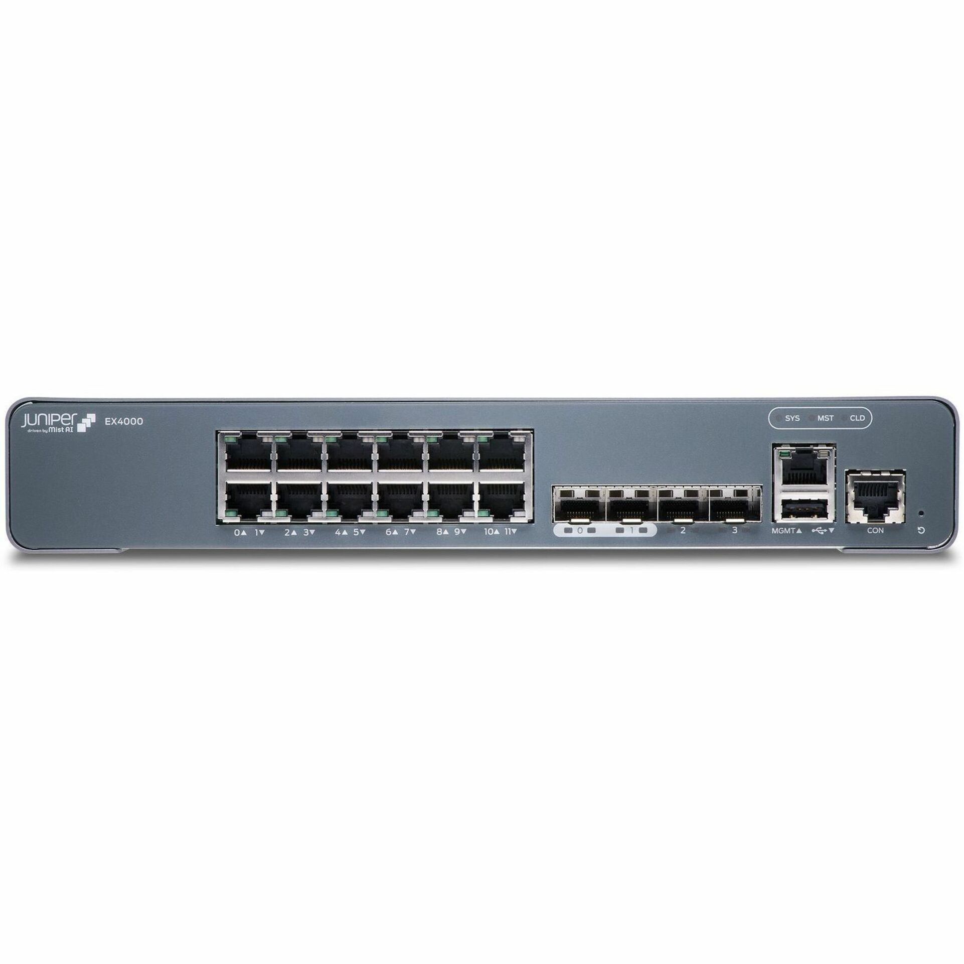 Juniper EX4000-12T Ethernet Switch - 12 Ports - Manageable - Gigabit Ethernet, 10 Gigabit Ethernet - 1000Base-T, 10GBase-X - 3 Layer Supported - 34 W Power Consumption - Twisted Pair, Optical Fiber - Rack-mountable, Wall Mountable, Magnetic Mount, DIN Rail Mountable, Compact - Lifetime Limited Warranty