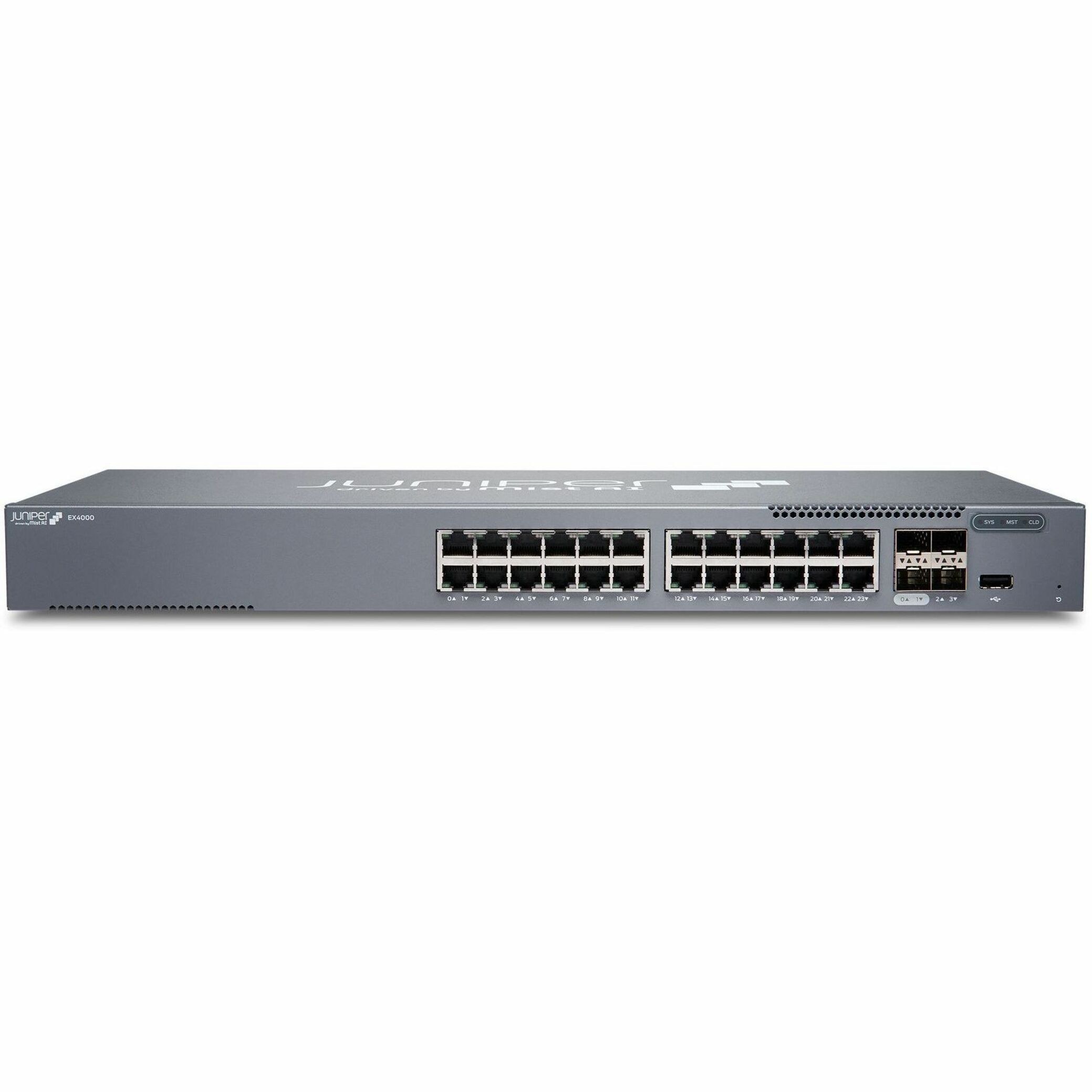 Juniper EX4000-24T Ethernet Switch - 24 Ports - Manageable - Gigabit Ethernet, 10 Gigabit Ethernet - 1000Base-T, 10GBase-X - 3 Layer Supported - 43 W Power Consumption - Twisted Pair, Optical Fiber - Rack-mountable - Lifetime Limited Warranty