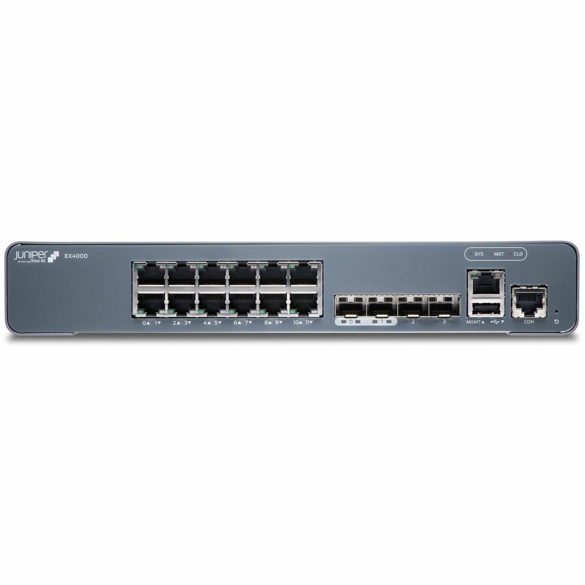 Juniper EX4000-12T Ethernet Switch - 12 Ports - Manageable - Gigabit Ethernet, 10 Gigabit Ethernet - 1000Base-T, 10GBase-X - 3 Layer Supported - 34 W Power Consumption - Twisted Pair, Optical Fiber - Rack-mountable, Wall Mountable, Magnetic Mount, DIN Rail Mountable, Compact - Lifetime Limited Warranty