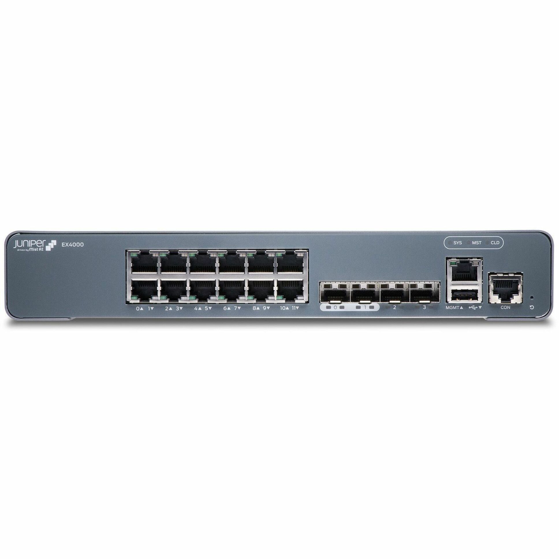 Juniper EX4000-12T Ethernet Switch - 12 Ports - Manageable - Gigabit Ethernet, 10 Gigabit Ethernet - 1000Base-T, 10GBase-X - 3 Layer Supported - 34 W Power Consumption - Twisted Pair, Optical Fiber - Rack-mountable, Wall Mountable, Magnetic Mount, DIN Rail Mountable, Compact - Lifetime Limited Warranty