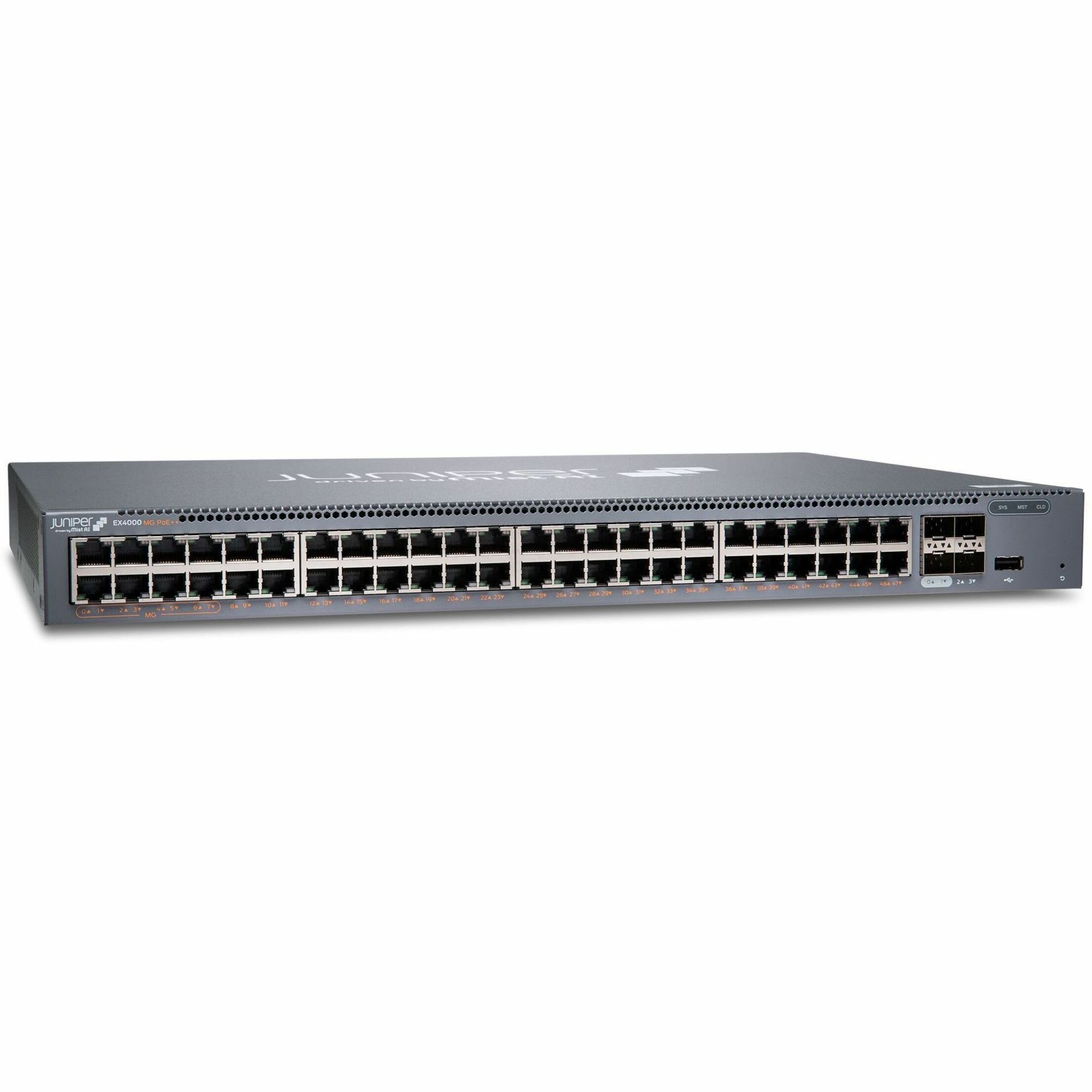 Juniper EX4000-48MP Ethernet Switch - 48 Ports - Manageable - Gigabit Ethernet, 2.5 Gigabit Ethernet, 10 Gigabit Ethernet - 1000Base-T, 2.5GBase-T, 10GBase-X - 3 Layer Supported - 92 W Power Consumption - 960 W PoE Budget - Twisted Pair, Optical Fiber - Rack-mountable - Lifetime Limited Warranty