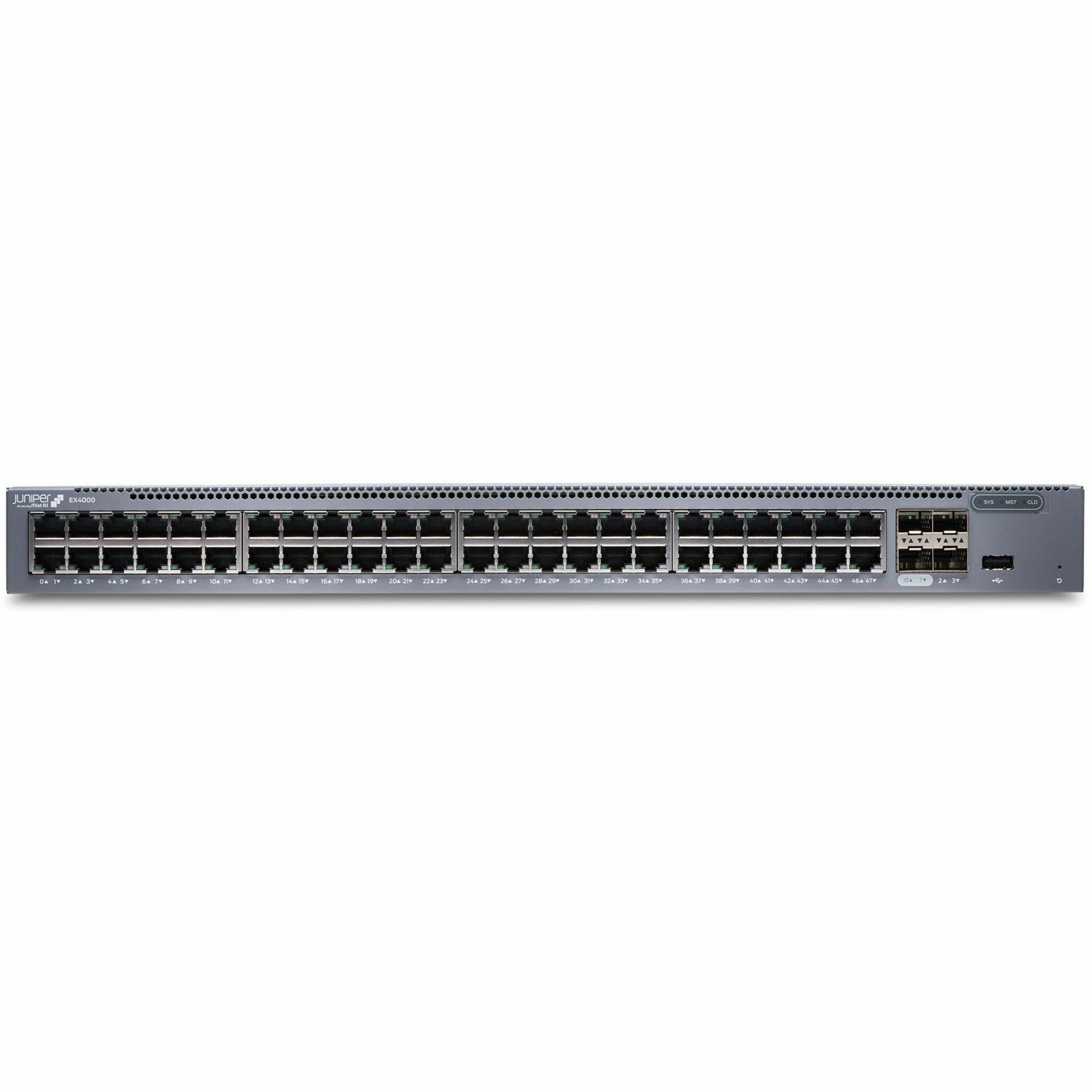 Juniper EX4000-48T Ethernet Switch - 48 Ports - Manageable - Gigabit Ethernet, 10 Gigabit Ethernet - 1000Base-T, 10GBase-X - 3 Layer Supported - 63 W Power Consumption - Twisted Pair, Optical Fiber - Rack-mountable - Lifetime Limited Warranty