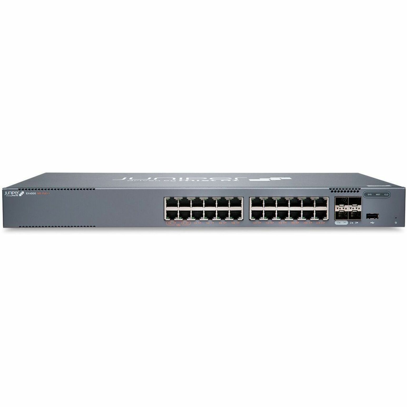 Juniper EX4000-24MP Ethernet Switch - 24 Ports - Manageable - Gigabit Ethernet, 2.5 Gigabit Ethernet, 10 Gigabit Ethernet - 1000Base-T, 2.5GBase-T, 10GBase-X - 3 Layer Supported - 57 W Power Consumption - 480 W PoE Budget - Twisted Pair, Optical Fiber - Rack-mountable - Lifetime Limited Warranty