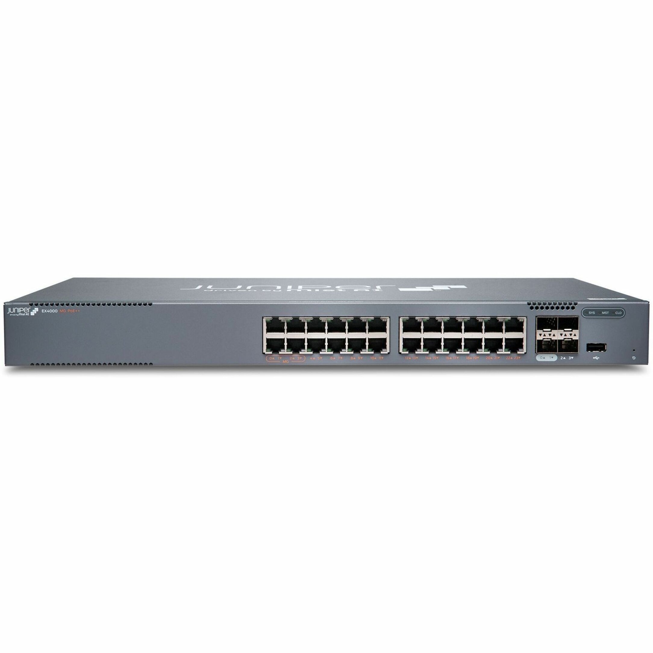 Juniper EX4000-24MP Ethernet Switch - 24 Ports - Manageable - Gigabit Ethernet, 2.5 Gigabit Ethernet, 10 Gigabit Ethernet - 1000Base-T, 2.5GBase-T, 10GBase-X - 3 Layer Supported - 57 W Power Consumption - 480 W PoE Budget - Twisted Pair, Optical Fiber - Rack-mountable - Lifetime Limited Warranty