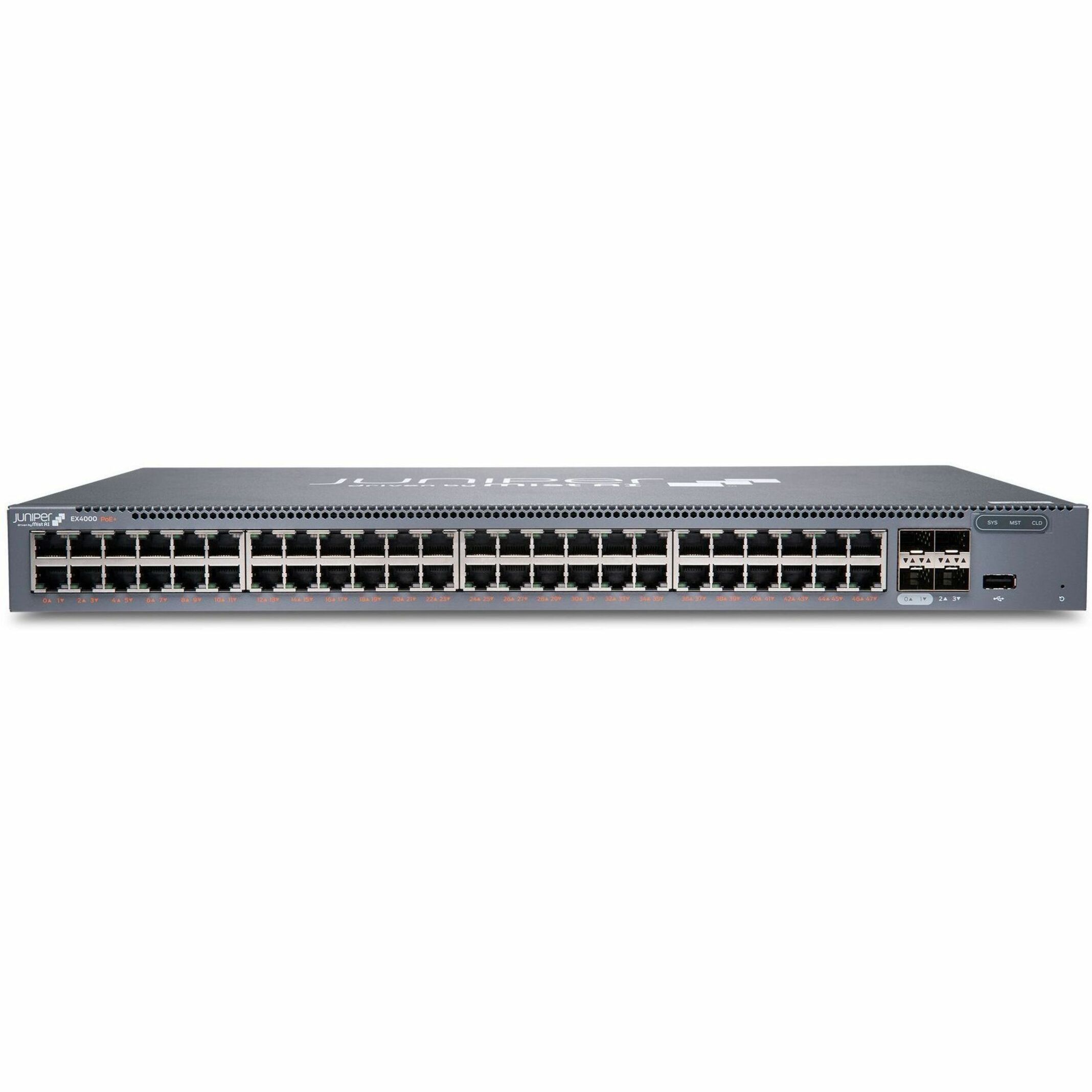 Juniper EX4000-48P Ethernet Switch - 48 Ports - Manageable - Gigabit Ethernet, 10 Gigabit Ethernet - 1000Base-T, 10GBase-X - 3 Layer Supported - 71 W Power Consumption - 740 W PoE Budget - Twisted Pair, Optical Fiber - PoE Ports - Rack-mountable - Lifetime Limited Warranty