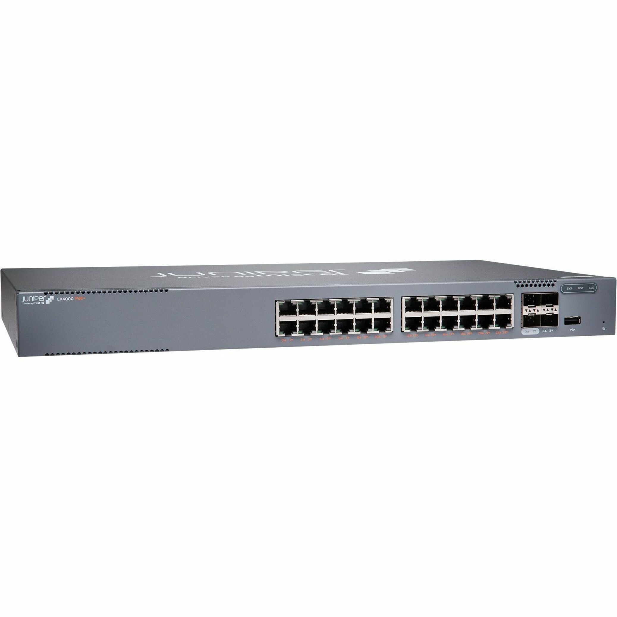 Juniper EX4000-24P Ethernet Switch - 24 Ports - Manageable - Gigabit Ethernet, 10 Gigabit Ethernet - 1000Base-T, 10GBase-X - 3 Layer Supported - 51 W Power Consumption - 370 W PoE Budget - Twisted Pair, Optical Fiber - PoE Ports - Rack-mountable - Lifetime Limited Warranty
